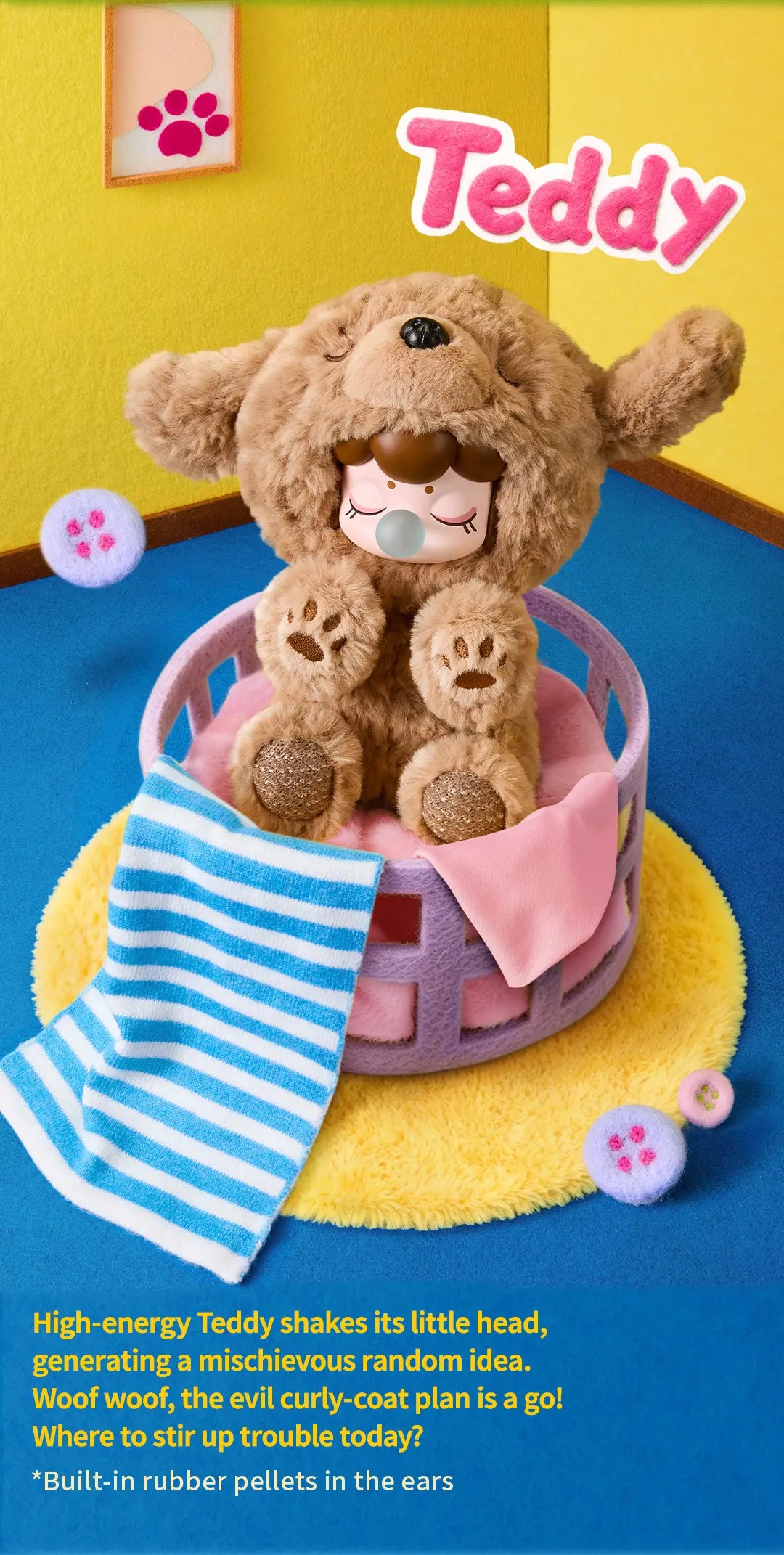 Nanci Puppy Club Teddy character graphic showing a curly brown plush doll seated in a lavender basket with towels and raised embroidered paws; text notes built-in rubber pellets in the ears.