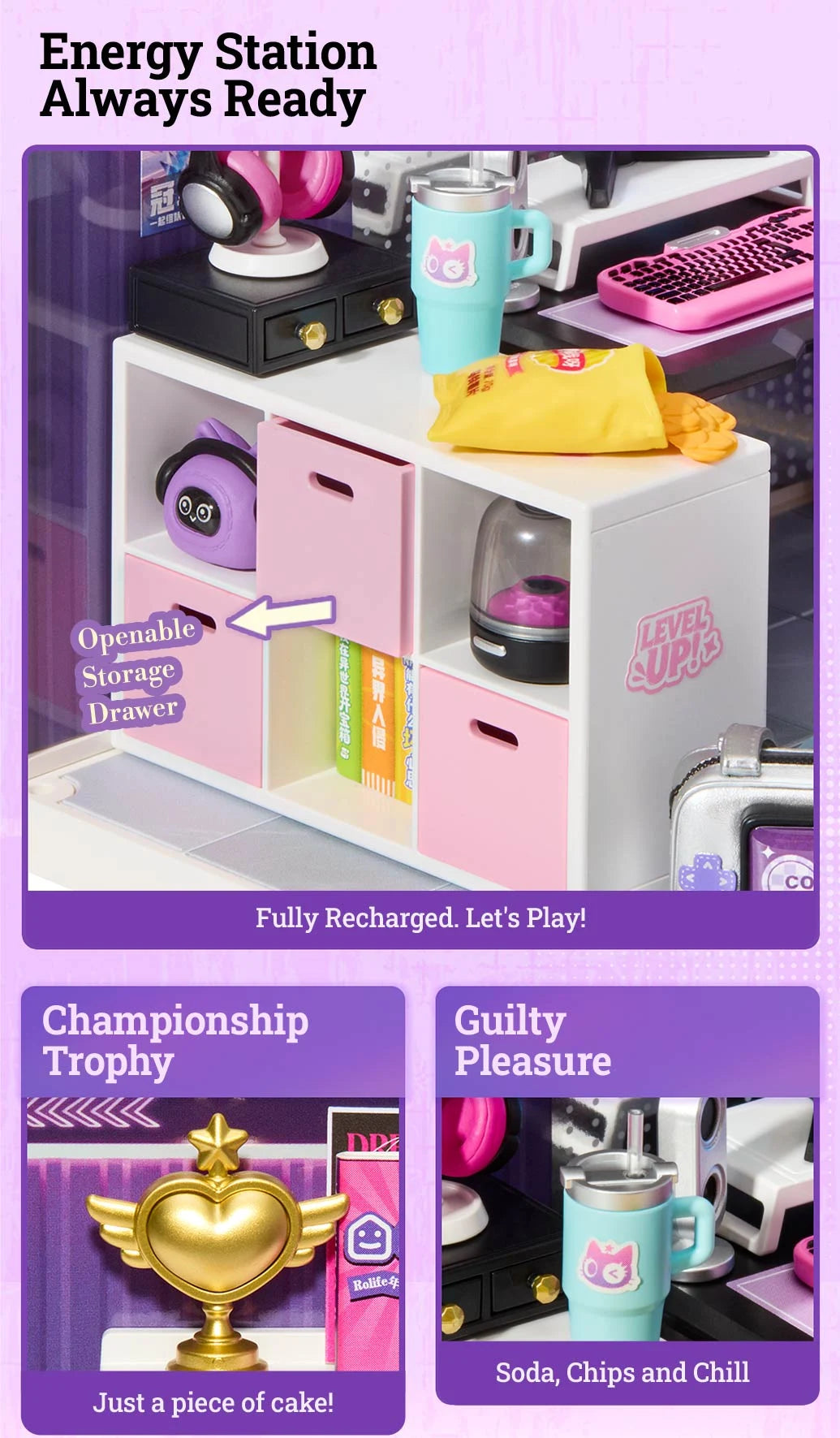 Miniature white and pink storage unit with openable drawers, books, headphones, drink tumbler, snack bag, gold trophy and small appliance.