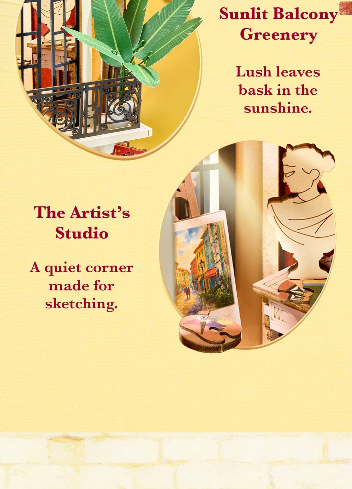 Two circular insets show a miniature balcony with green plant leaves and an artist's studio corner with a painted canvas, palette, and wooden bust.