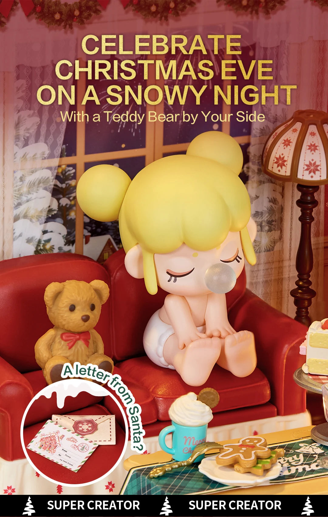 Close-up of a blonde doll with closed eyes and bubble gum sitting on a red sofa beside a teddy bear, with hot cocoa, gingerbread and a letter inset.