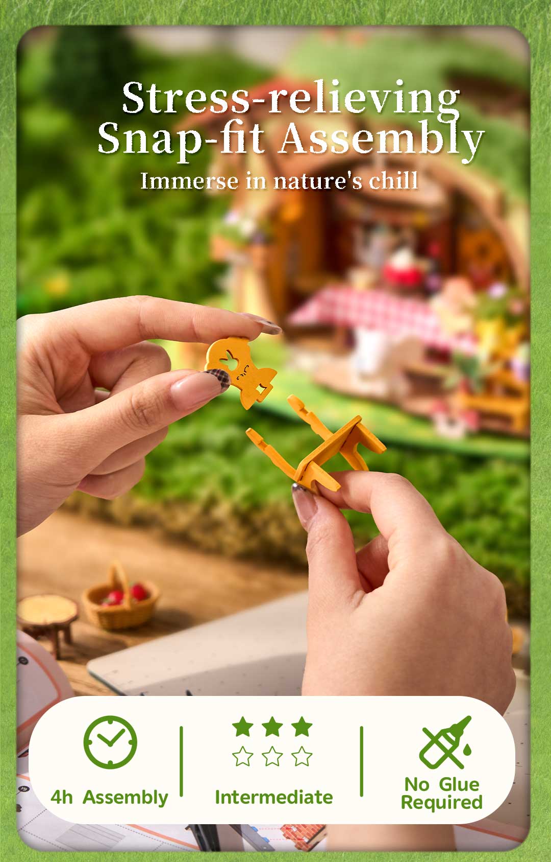 Fluffy Grove snap-fit assembly graphic showing hands building a miniature tree and no-glue requirement