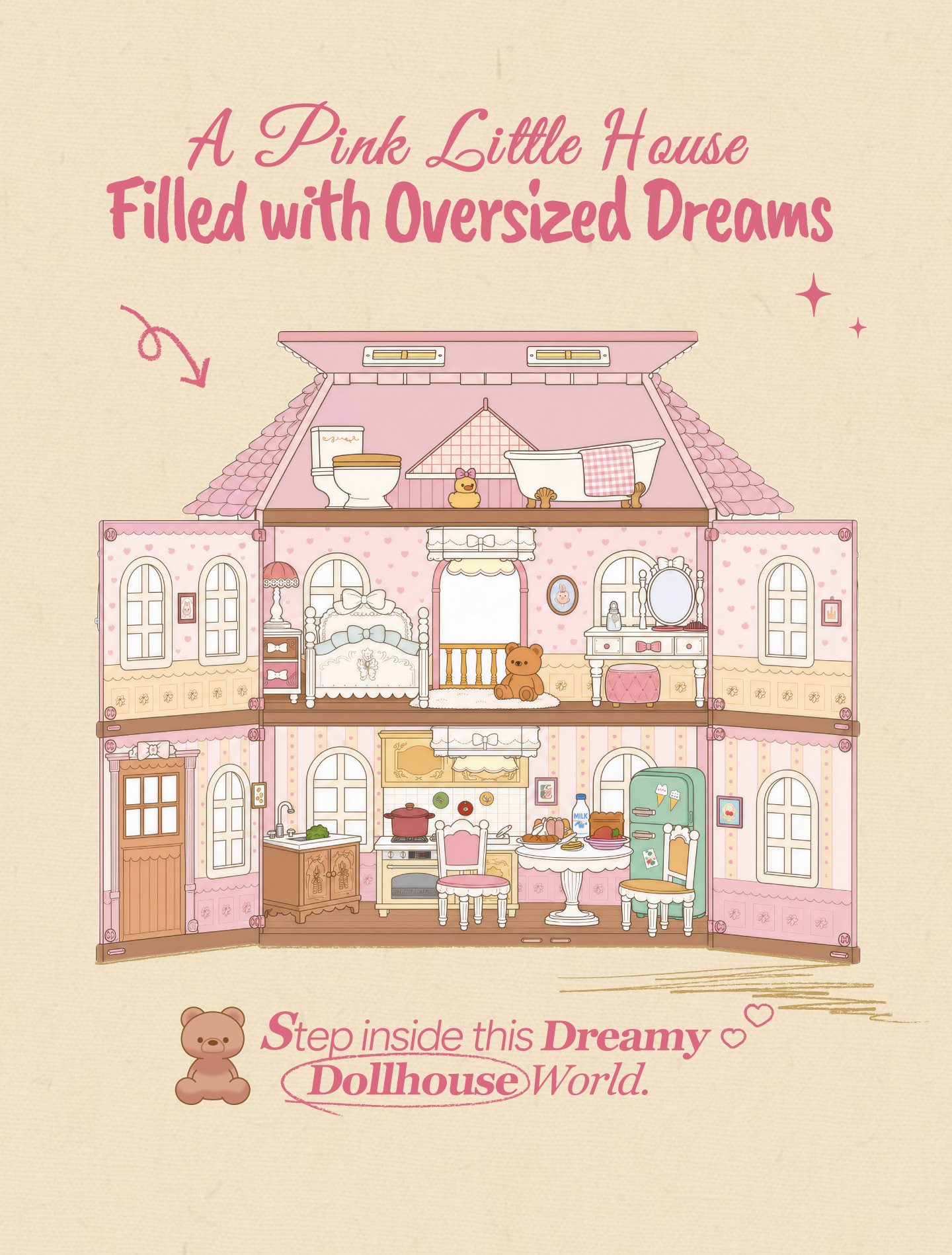 Fairy Rose Cottage cross-section illustration of pink dollhouse rooms and furniture