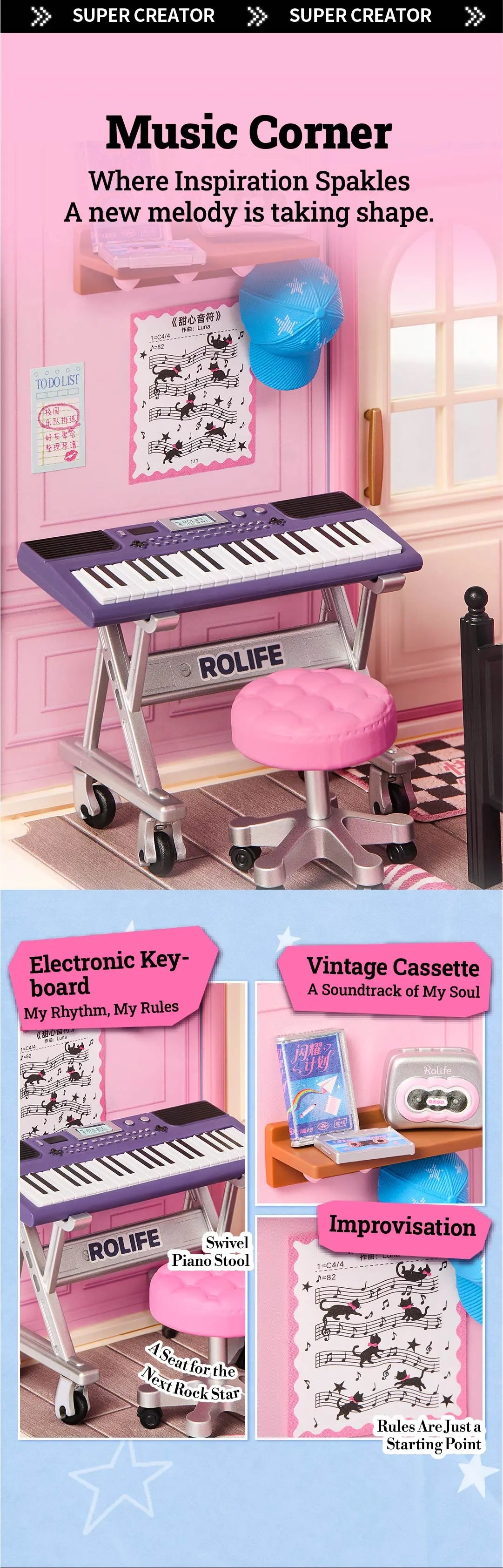 Close-up of a Rolife miniature music corner with purple electronic keyboard on a silver Rolife stand, pink swivel stool, sheet music and blue cap, plus inset views of the cassette player and sheet music.