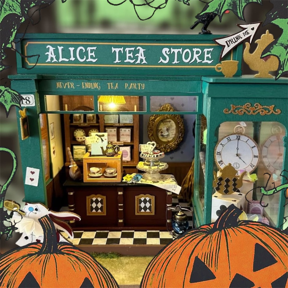 Alice Tea Store decorated with pumpkin spice details ghosts and autumn light