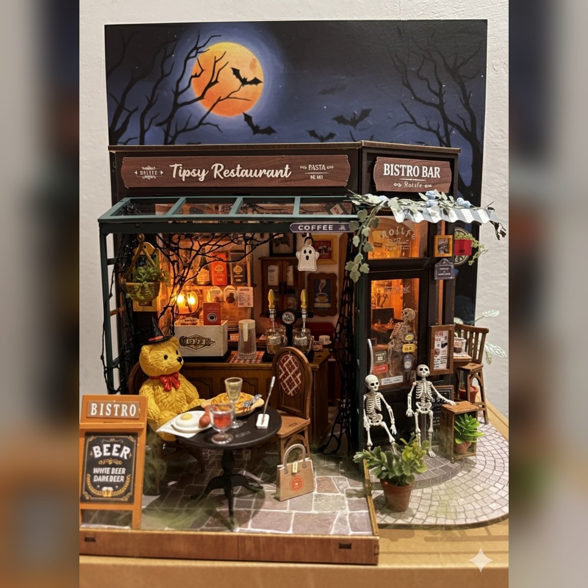 Anje Tipsy Restaurant Halloween transformation with skeletons and a ghost