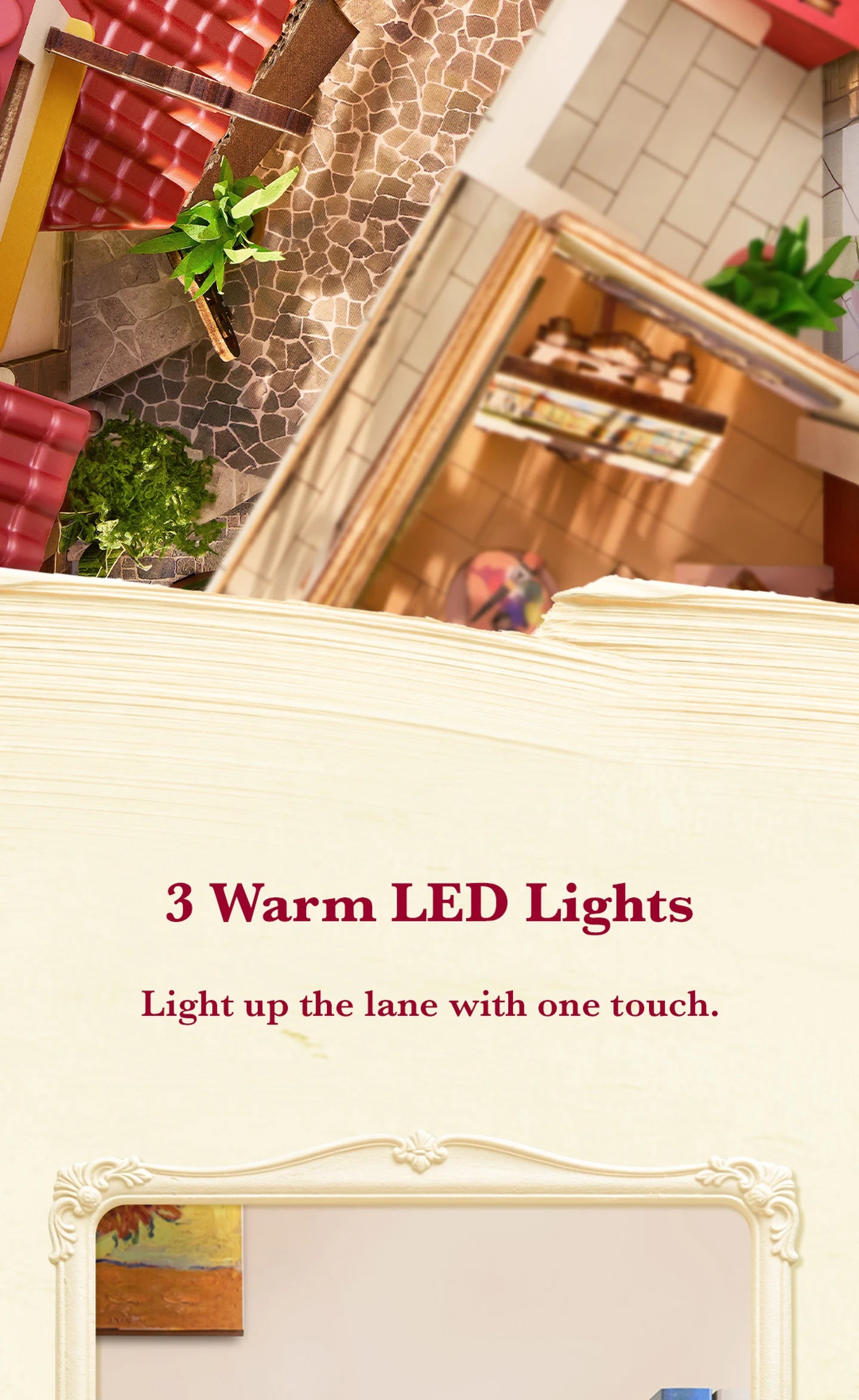 Overhead view into a miniature art lane with red roof tiles, patterned paving, plants and a lit interior room; red text reads 3 Warm LED Lights.