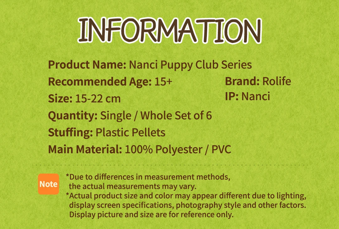 Rolife Nanci Puppy Club specifications: recommended age 15+, size 15-22 cm, available as a single doll or whole set of six, plastic pellet stuffing, and main materials listed as 100% polyester and PVC.