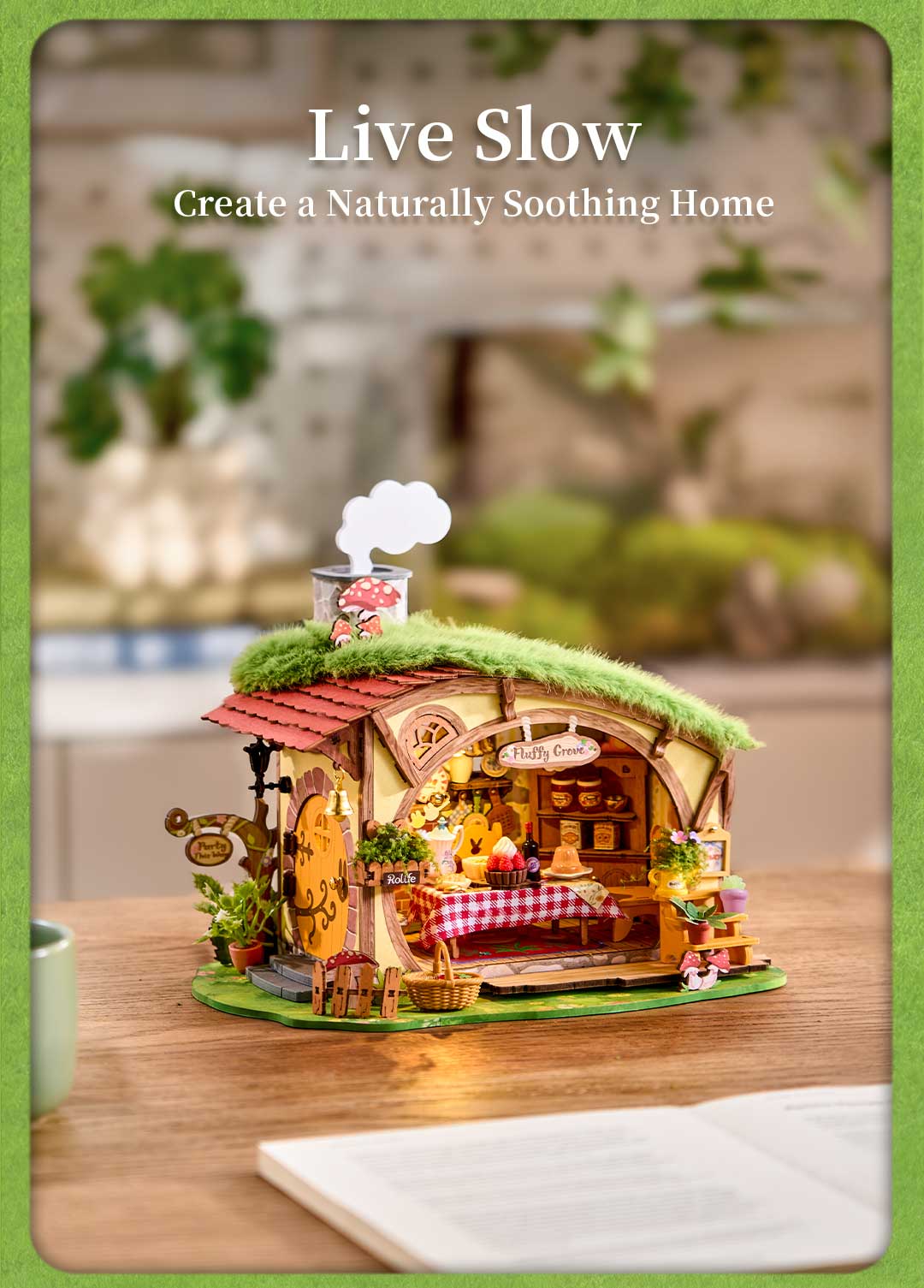 Fluffy Grove finished model displayed on a tabletop with warm interior lights and grassy roof