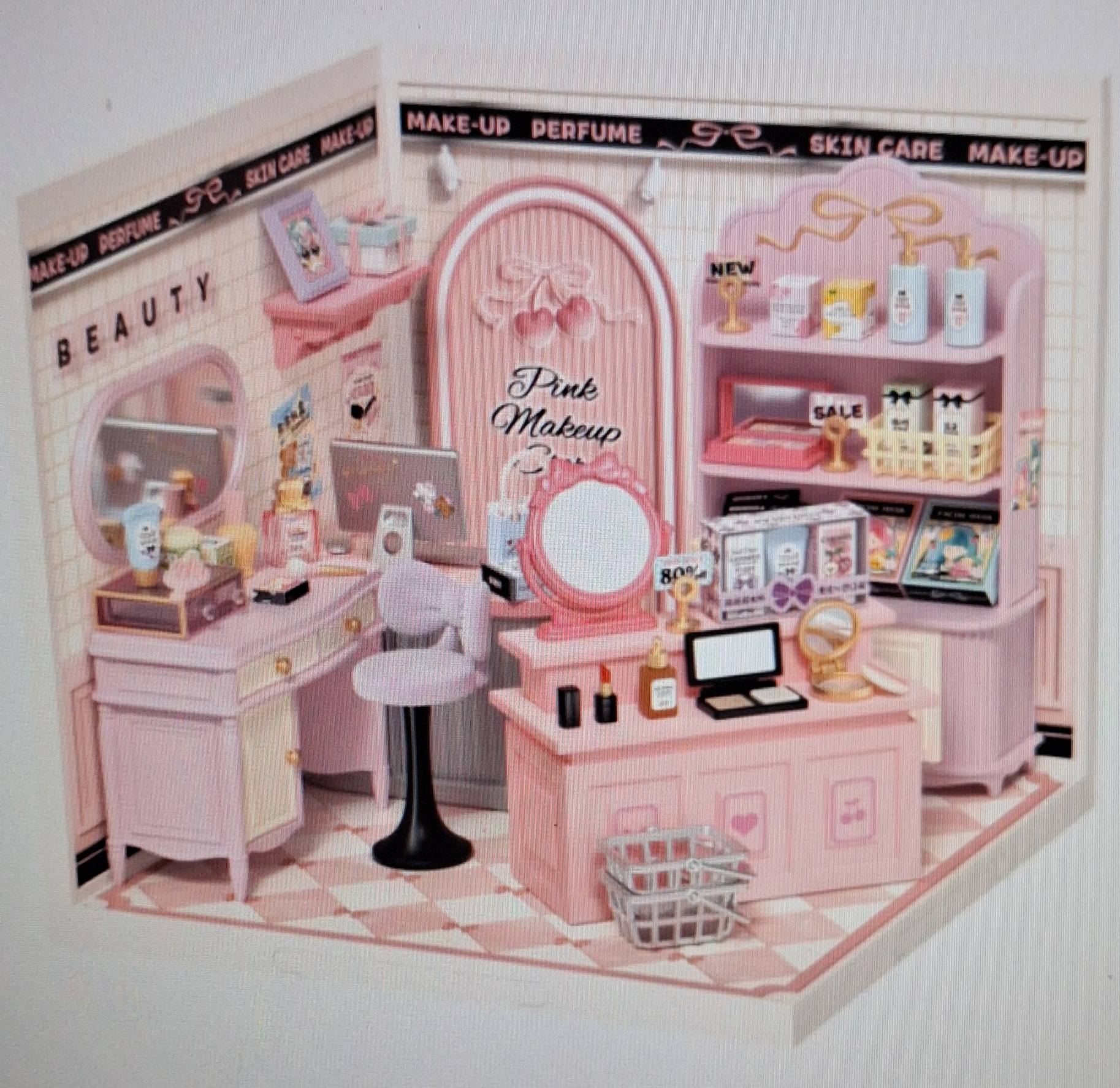 Close view of Pink Beauty Secret's vanity, chair, shelves, and cosmetics, photographed by Nita Davis