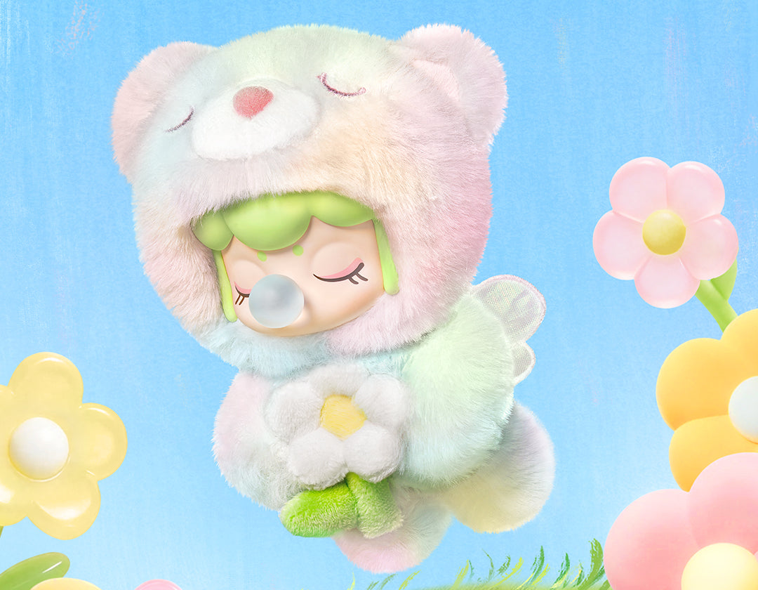 Rolife Nanci Spring Bear MN003 plush pendant in a blue spring flower scene.