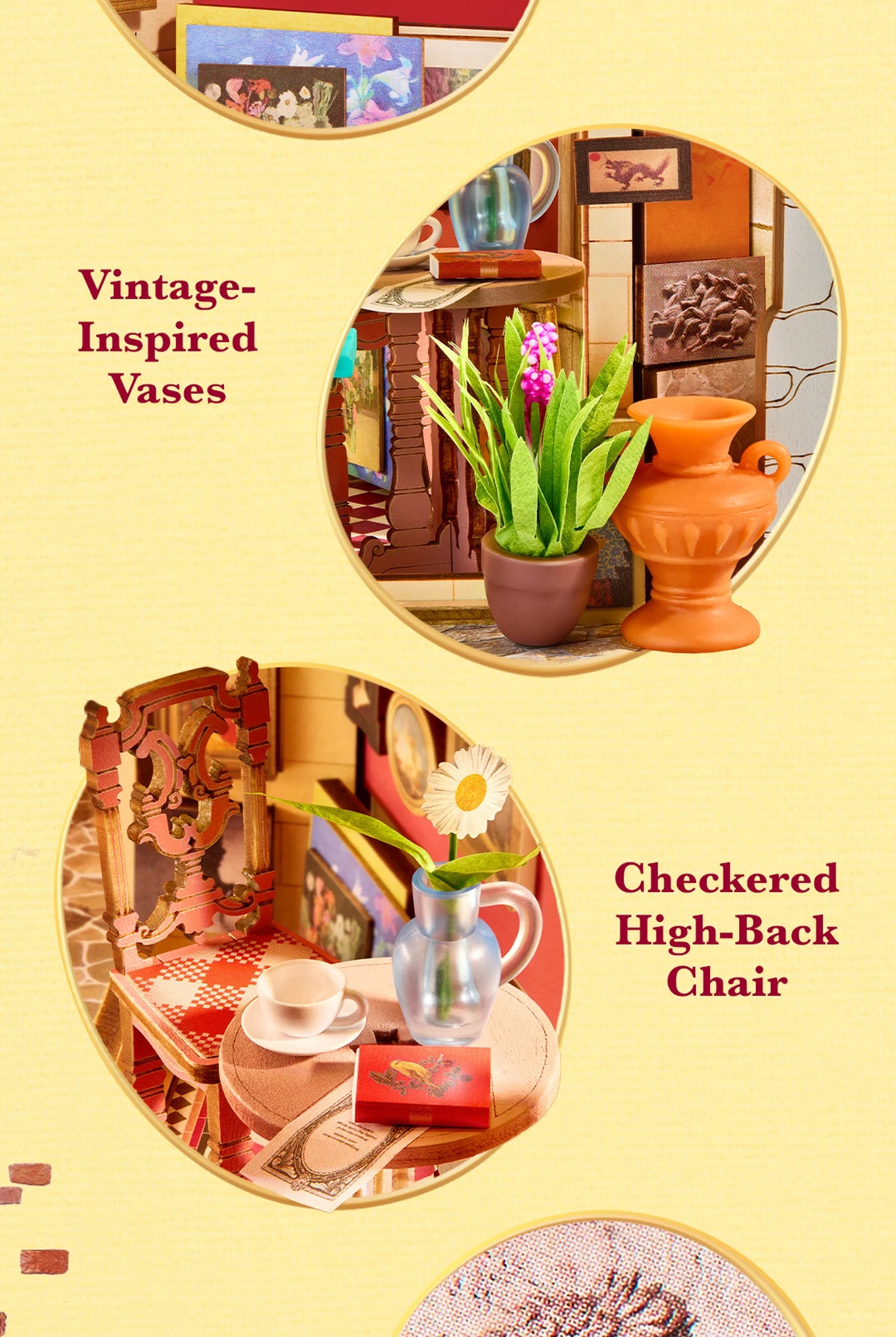 Circular close-ups of miniature caf&eacute; details: vintage-inspired orange vases, a checkered high-back chair, a blue jug with daisy and a white teacup.