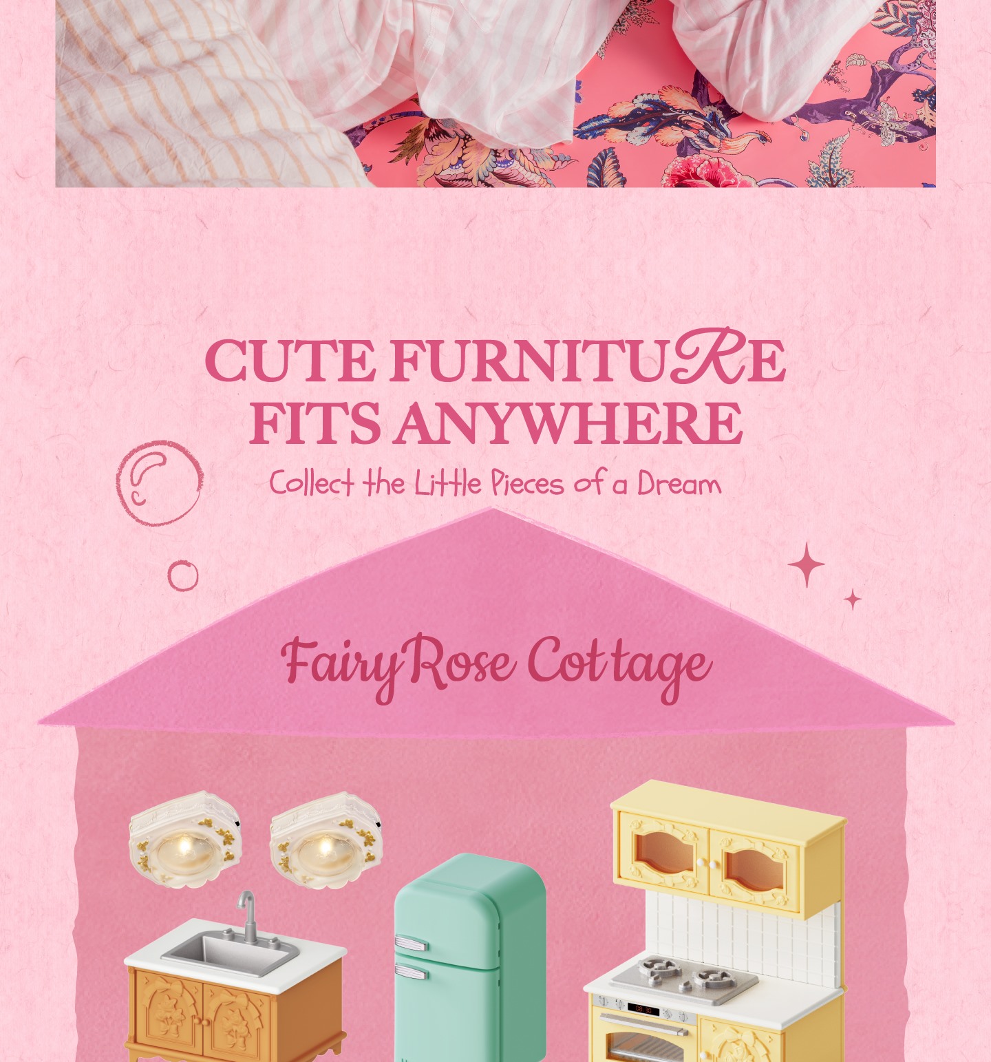Fairy Rose Cottage furniture collection with lighting, fridge, cabinet, and stove pieces