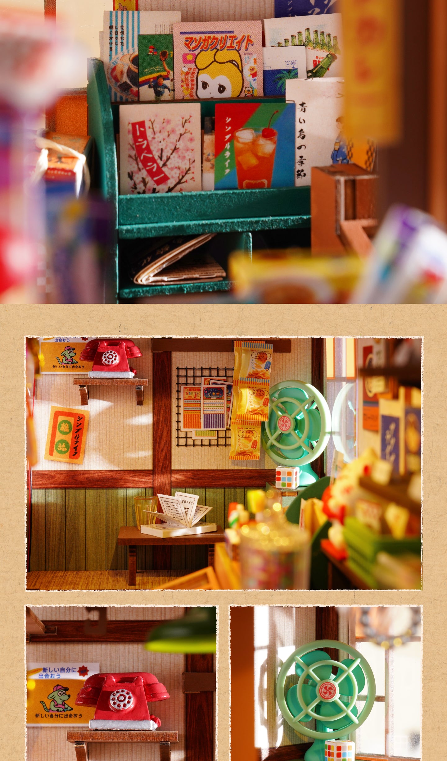 Rolife Nostalgic Corner Shop TGE05 step-by-step assembly feature graphic for the DIY book nook