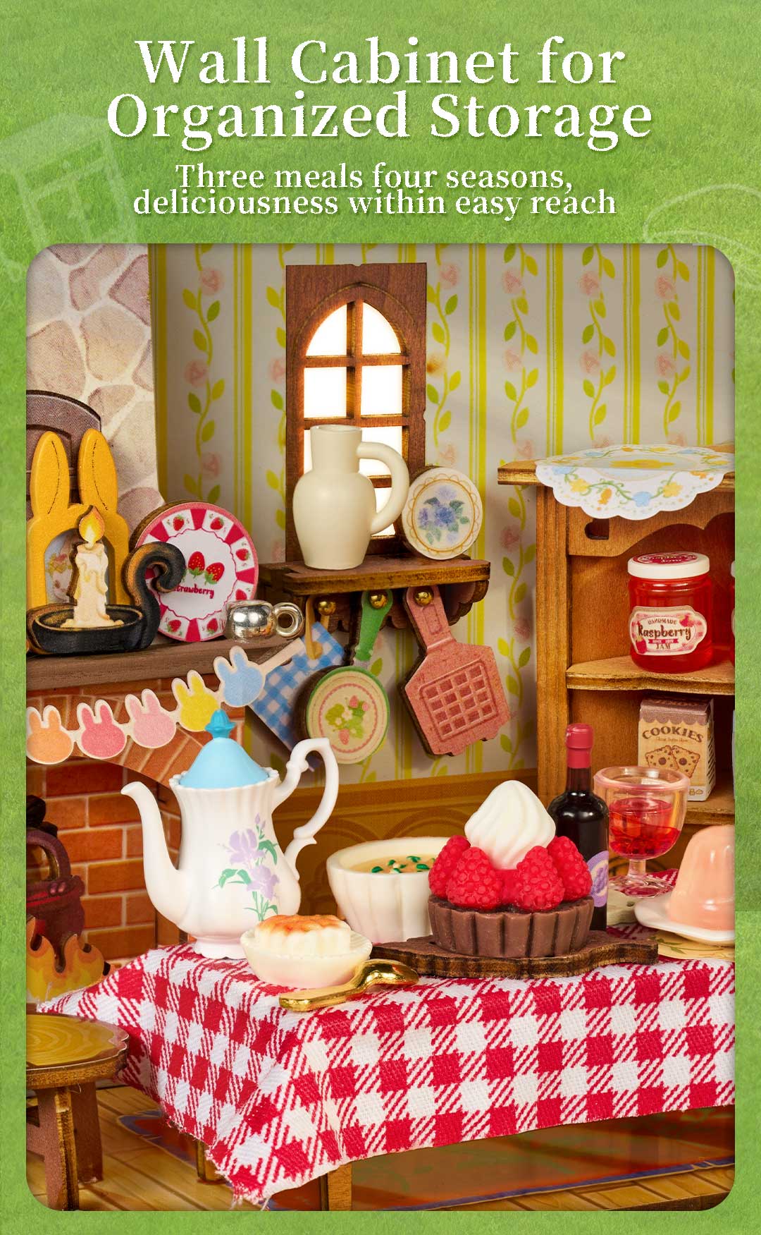 Fluffy Grove wall cabinet detail with window, candles, teapot, clock, books, jars, and sideboard