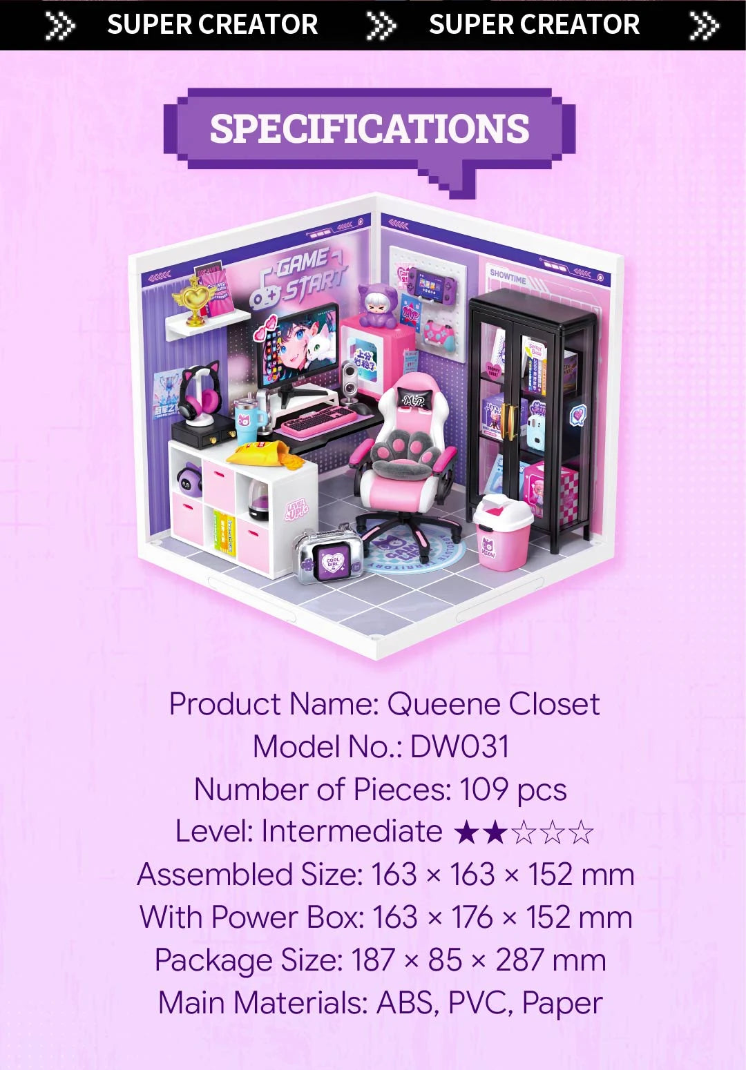 Miniature gaming room with pink chair, desk, monitor and black cabinet. Specifications read: Queene Closet, model DW031, 109 pcs, intermediate, assembled size 163 × 163 × 152 mm, with power box 163 × 176 × 152 mm, package 187 × 85 × 287 mm, ABS, PVC, paper.