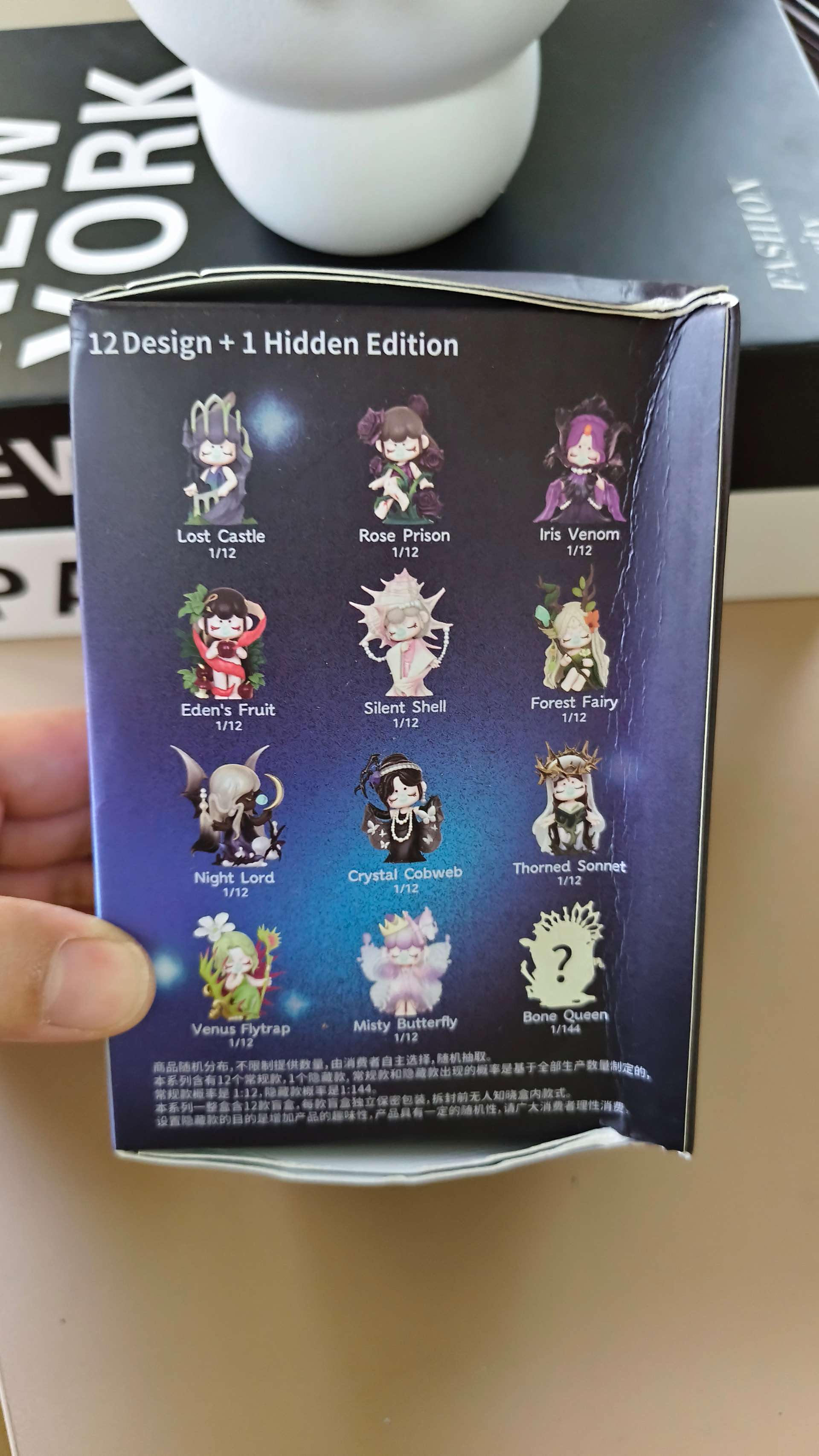 Secret Fantasy personage lineup gedrukt op Jill_Francisco's blind-box verpakking in haar Rolife Community unboxing