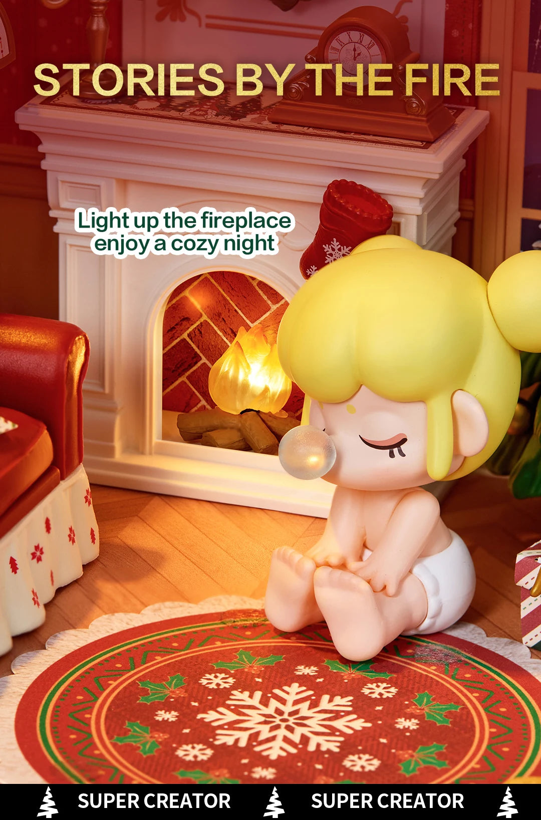 Miniature Christmas room with white fireplace, glowing orange flame, red armchair, snowflake rug and blonde figure in white diaper blowing a bubble.