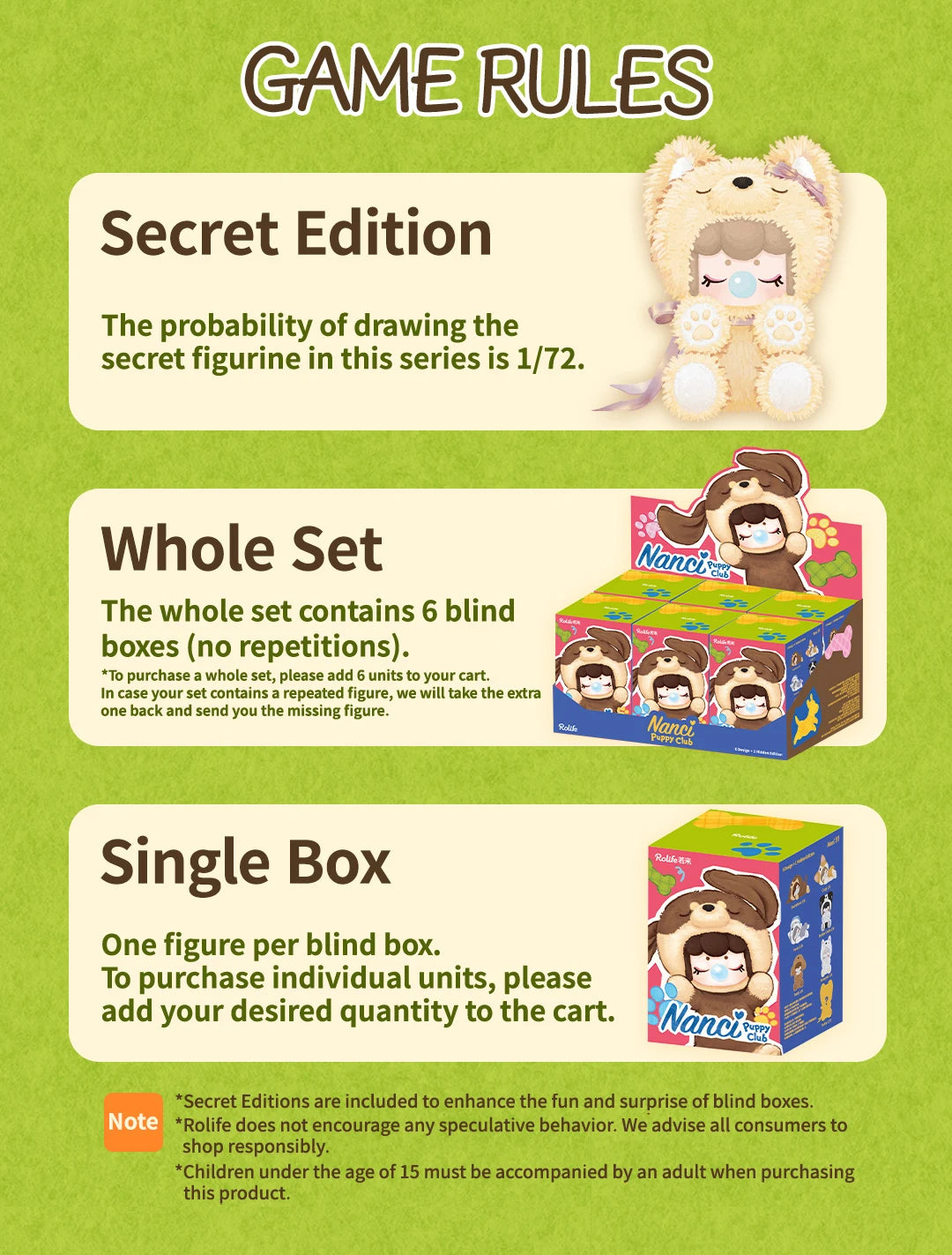 Nanci Puppy Club blind-box rules: Yorkie secret edition probability 1 in 72; whole set contains six blind boxes without repeats; single box contains one figure. Graphic shows hidden-edition doll and packaging.