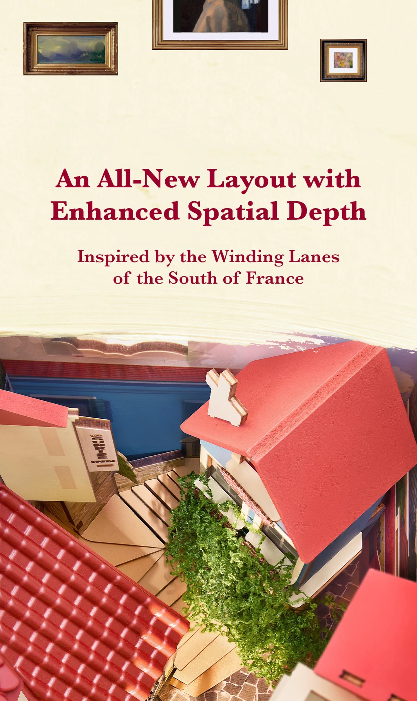 Miniature diorama lane with red tiled roofs, cream buildings, stone steps and green plants, viewed from above; red text describes an all-new layout inspired by South of France lanes.