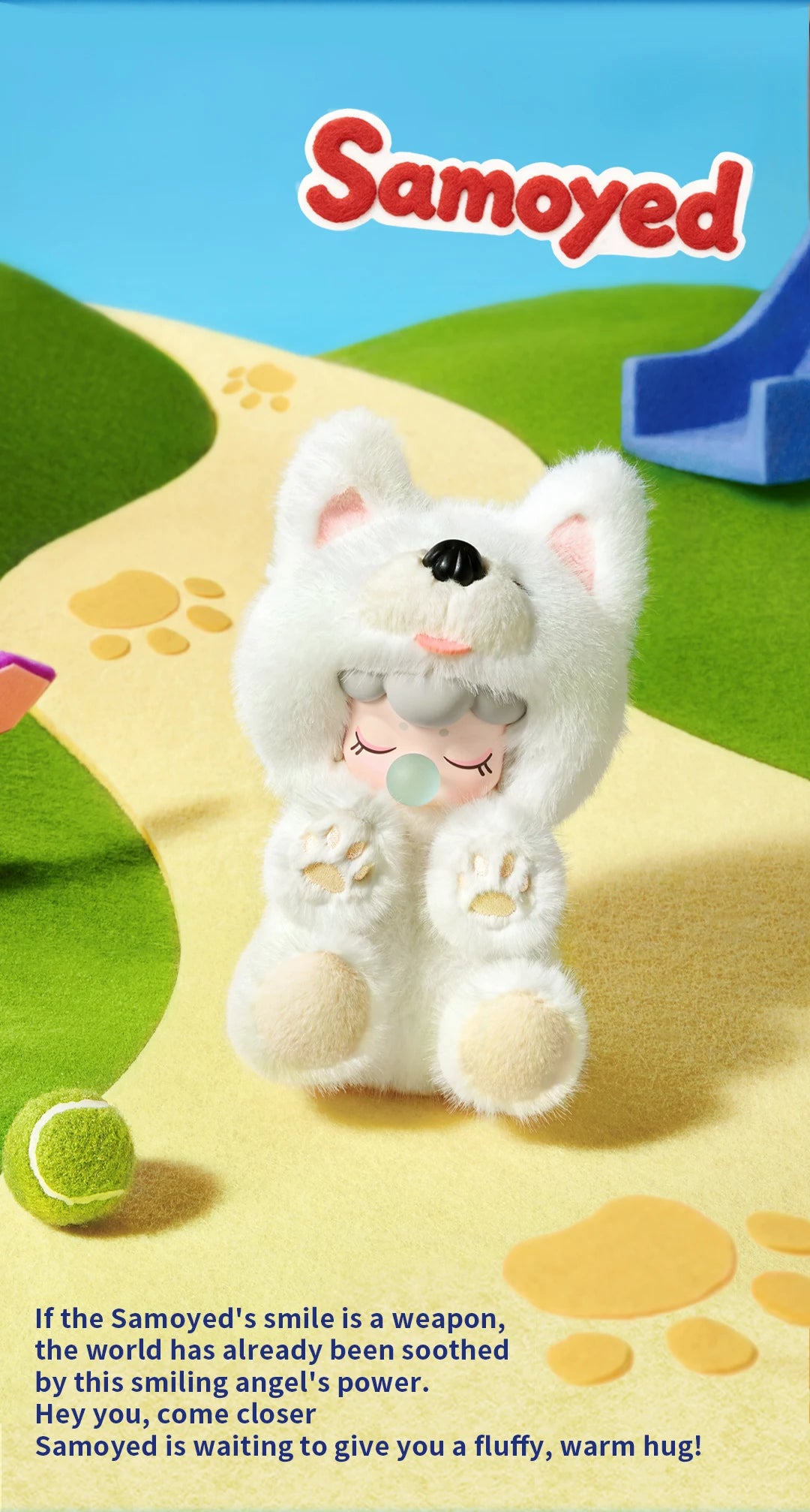 Nanci Puppy Club Samoyed character graphic showing a fluffy white plush doll with pink inner ears and embroidered paw pads on a yellow paw-print path, beside a green tennis ball.