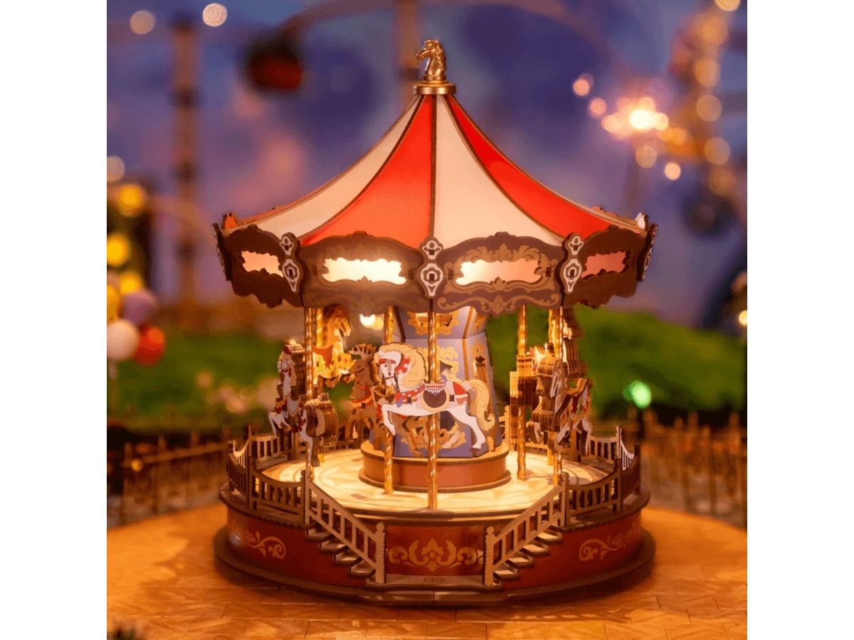 Rolife Classic Carousel AMC01 with illuminated horses beneath a red and cream canopy