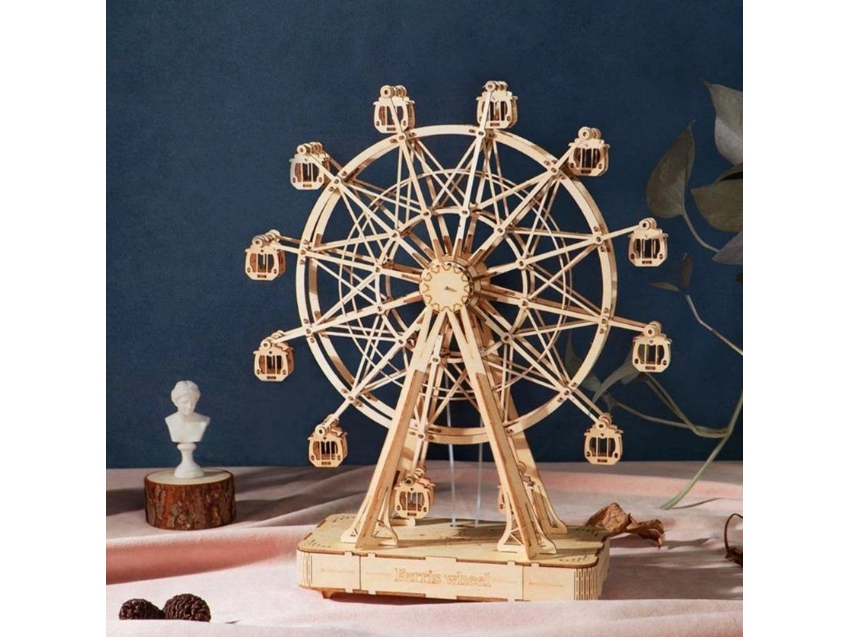 Assembled Rolife Ferris Wheel TGN01 wooden music box displayed on a tabletop