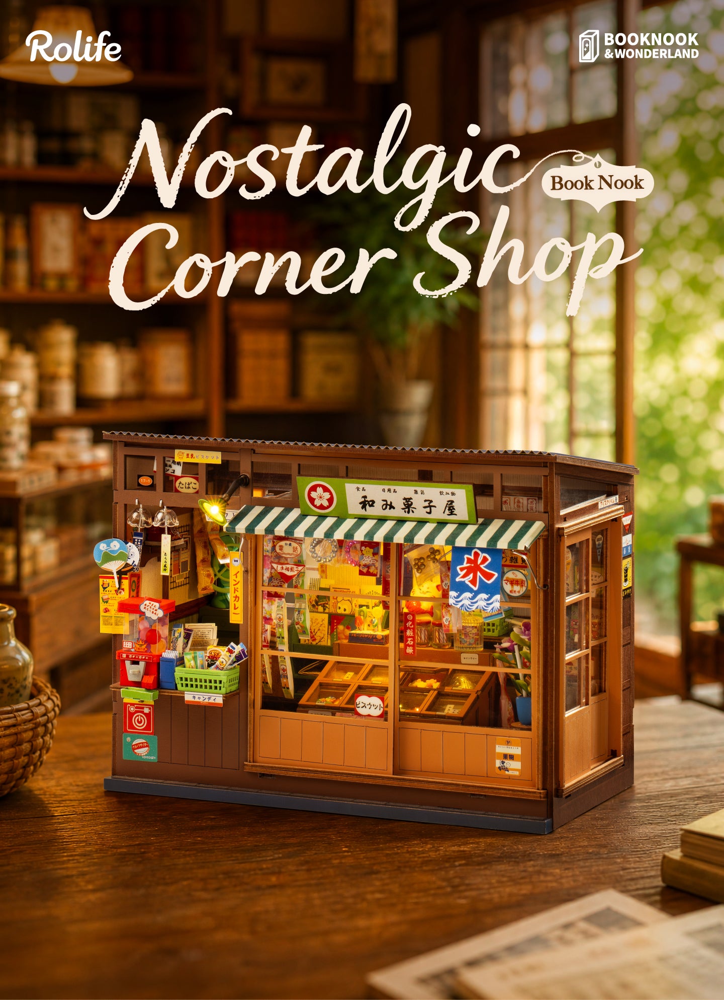 Rolife Nostalgic Corner Shop TGE05 overview graphic showing the completed Japanese book nook shop