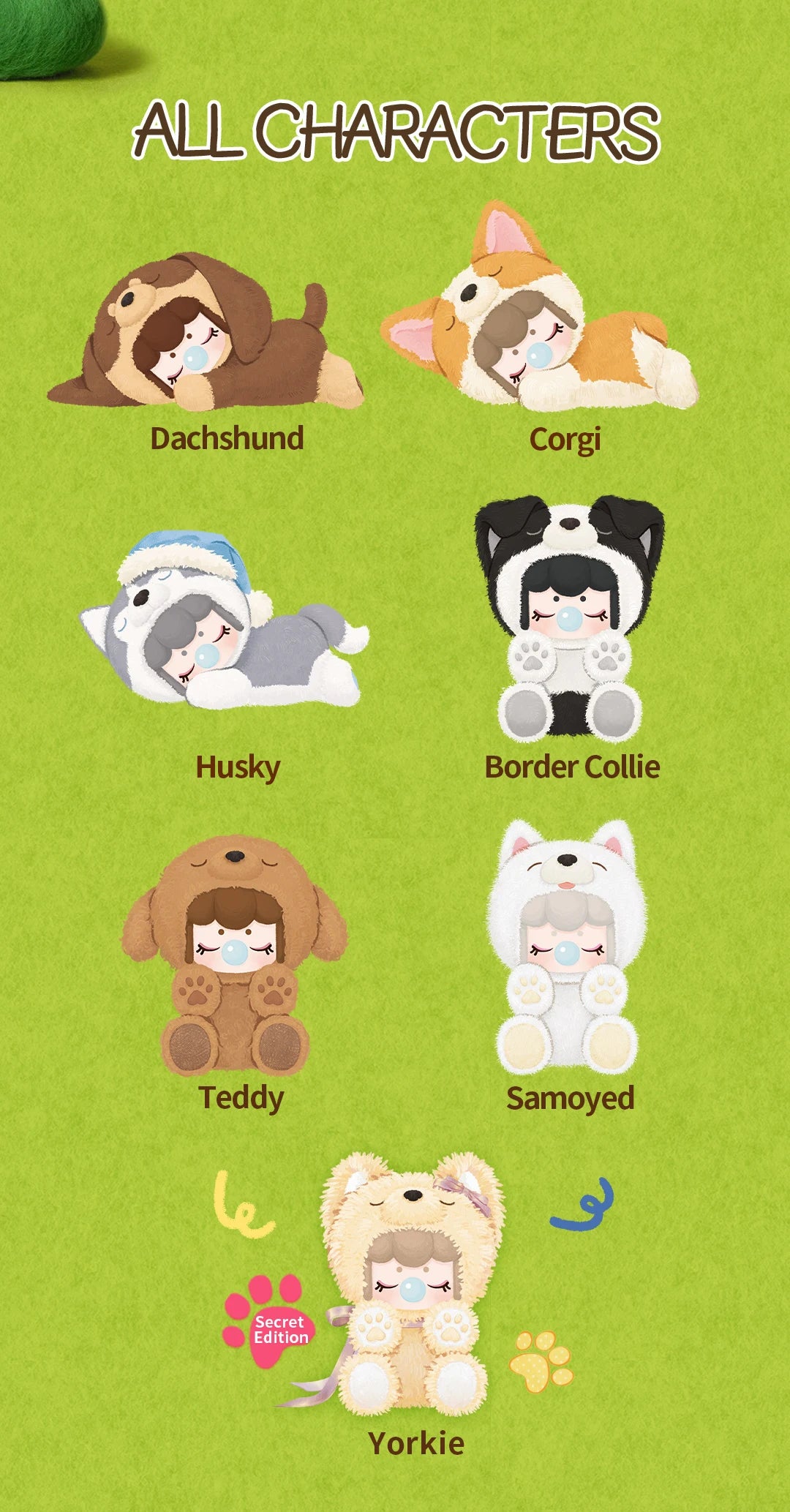 Nanci Puppy Club character chart showing six regular dog-themed plush designs: Dachshund, Corgi, Husky, Border Collie, Teddy and Samoyed, plus the cream Yorkie hidden edition.