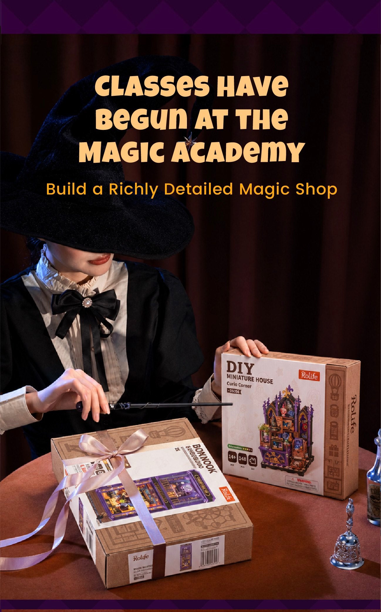 Whisper Magic Shop product information graphic with pieces, scale, size, and materials
