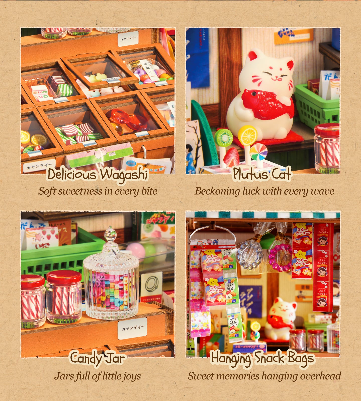 Rolife Nostalgic Corner Shop TGE05 close-up of colorful snack boxes and miniature product labels