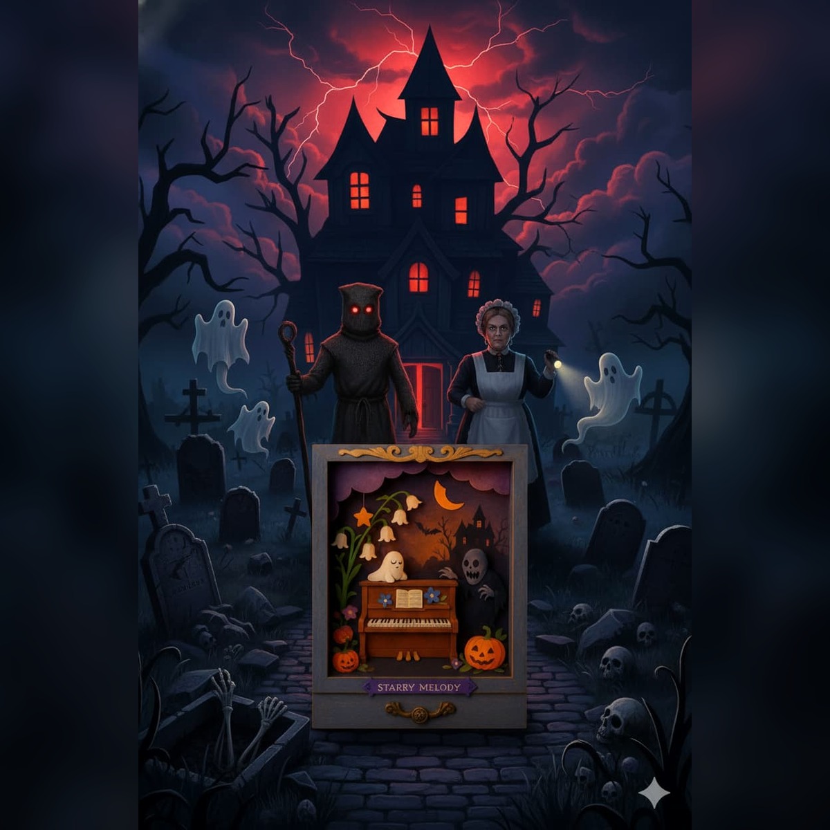 Desvanludico Starry Melody escena de regalo de Halloween con una casa embrujada y fantasmas
