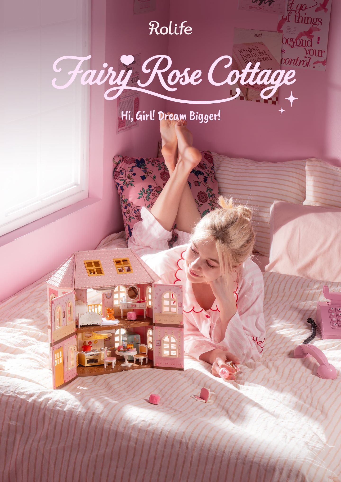 Fairy Rose Cottage DIY Dollhouse pink bedroom scene with finished lighted cottage