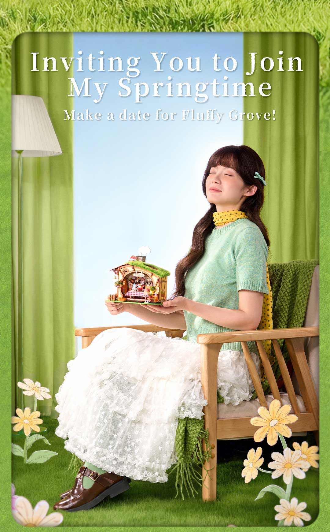 Fluffy Grove lifestyle scene showing the DIY miniature cottage held by a model beside green curtains