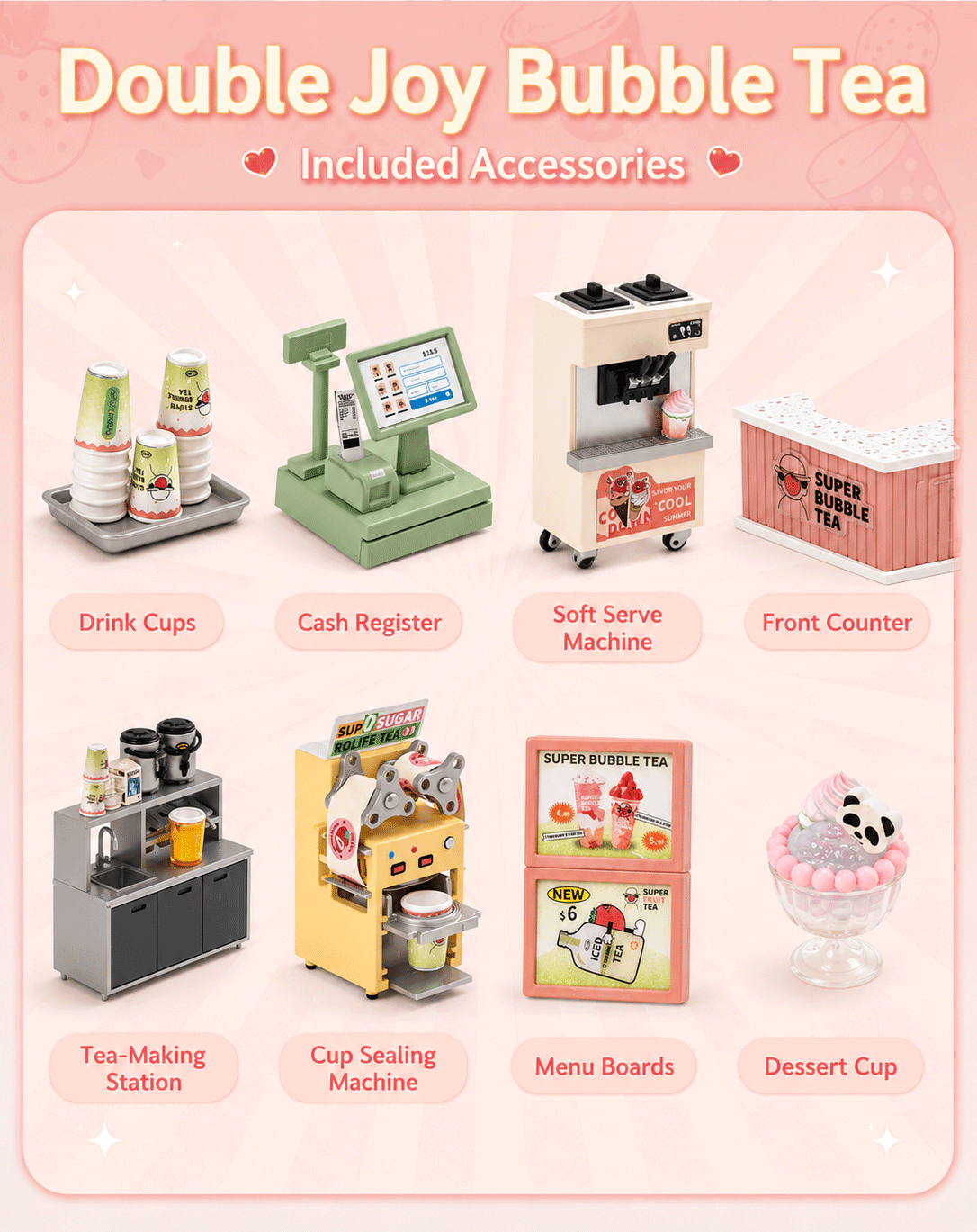 Rolife Double Joy Bubble Tea DW006 included accessories graphic with cash register, blender, and soft serve machine