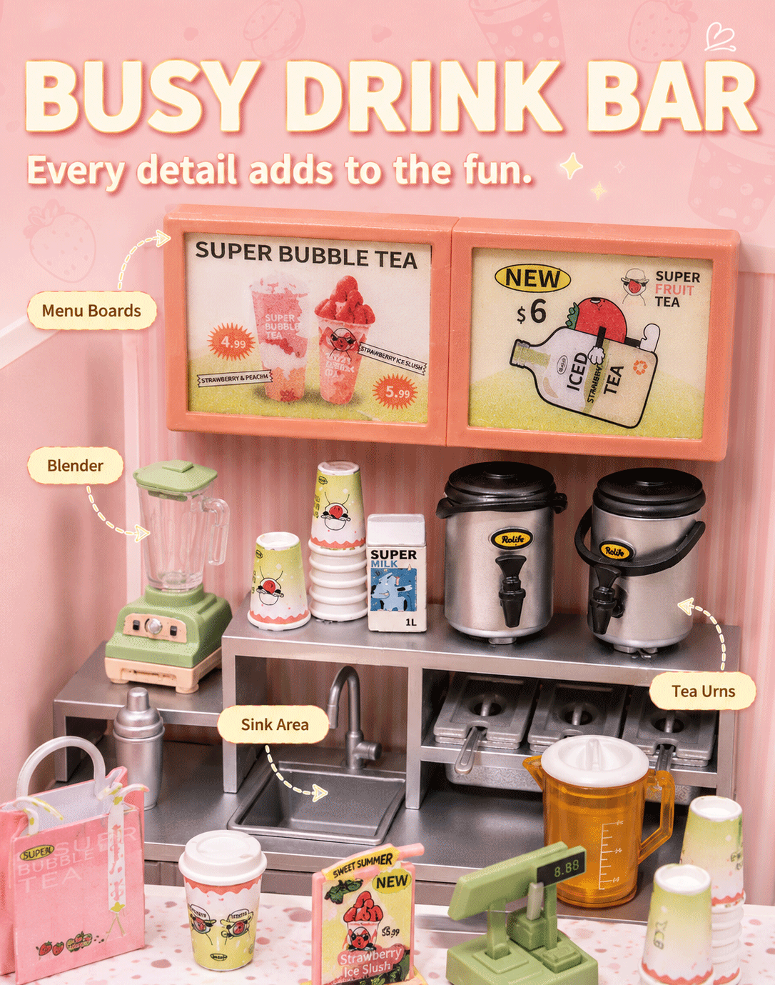 Rolife Double Joy Bubble Tea DW006 busy drink bar graphic with menu board, cups, and countertop details