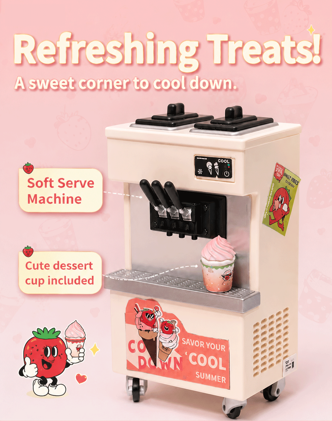 Rolife Double Joy Bubble Tea DW006 refreshing treats close-up with soft serve machine and dessert cart