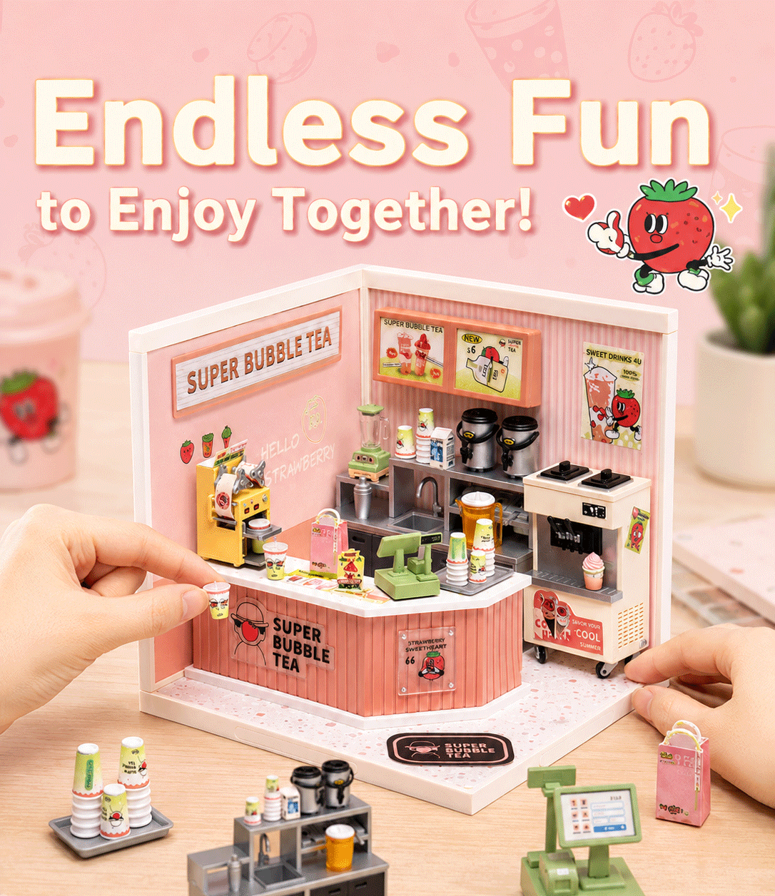 Rolife Double Joy Bubble Tea DW006 play scene showing hands arranging the miniature shop