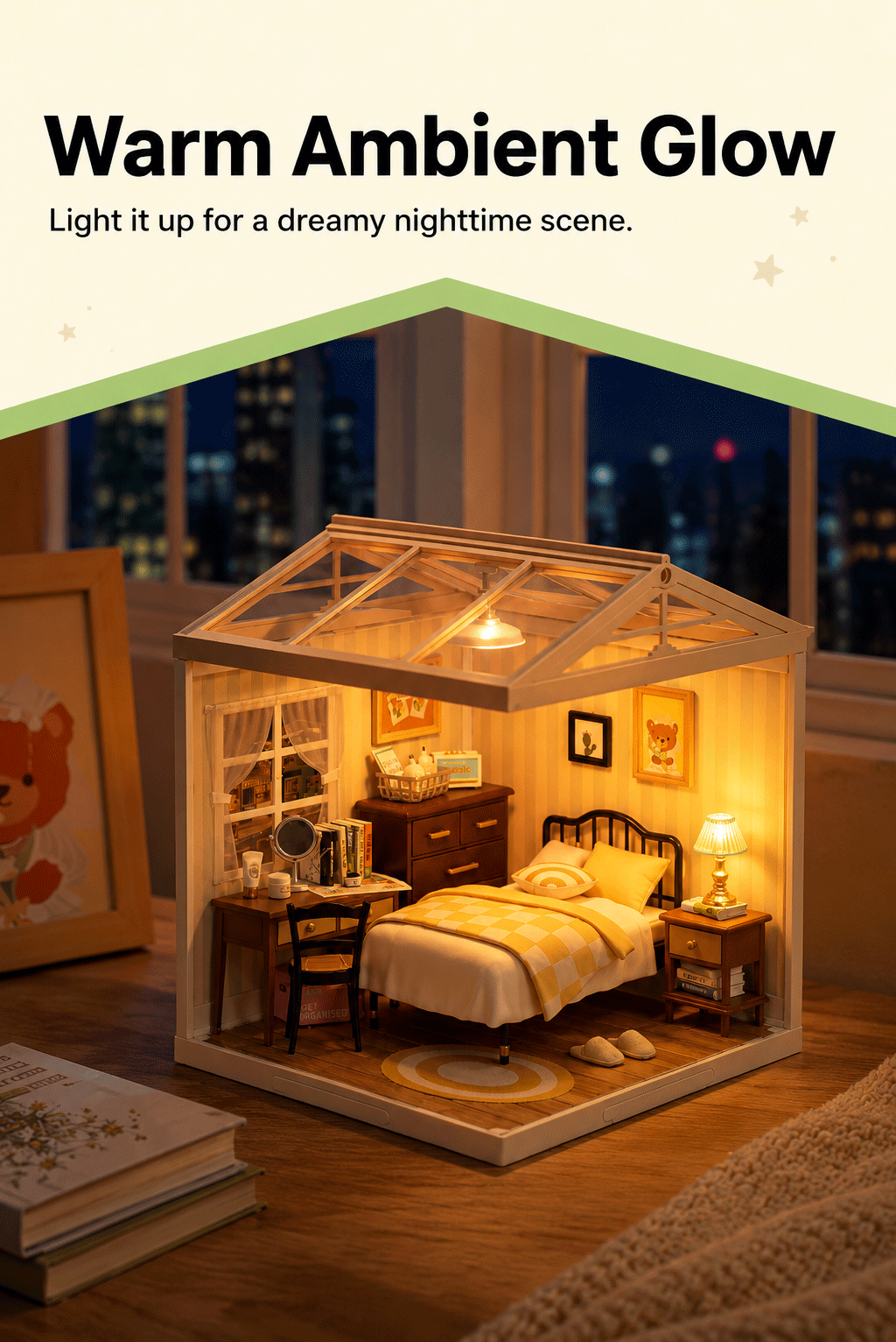 Rolife Sweet Dream Bedroom DW009 warm ambient glow bedroom display scene