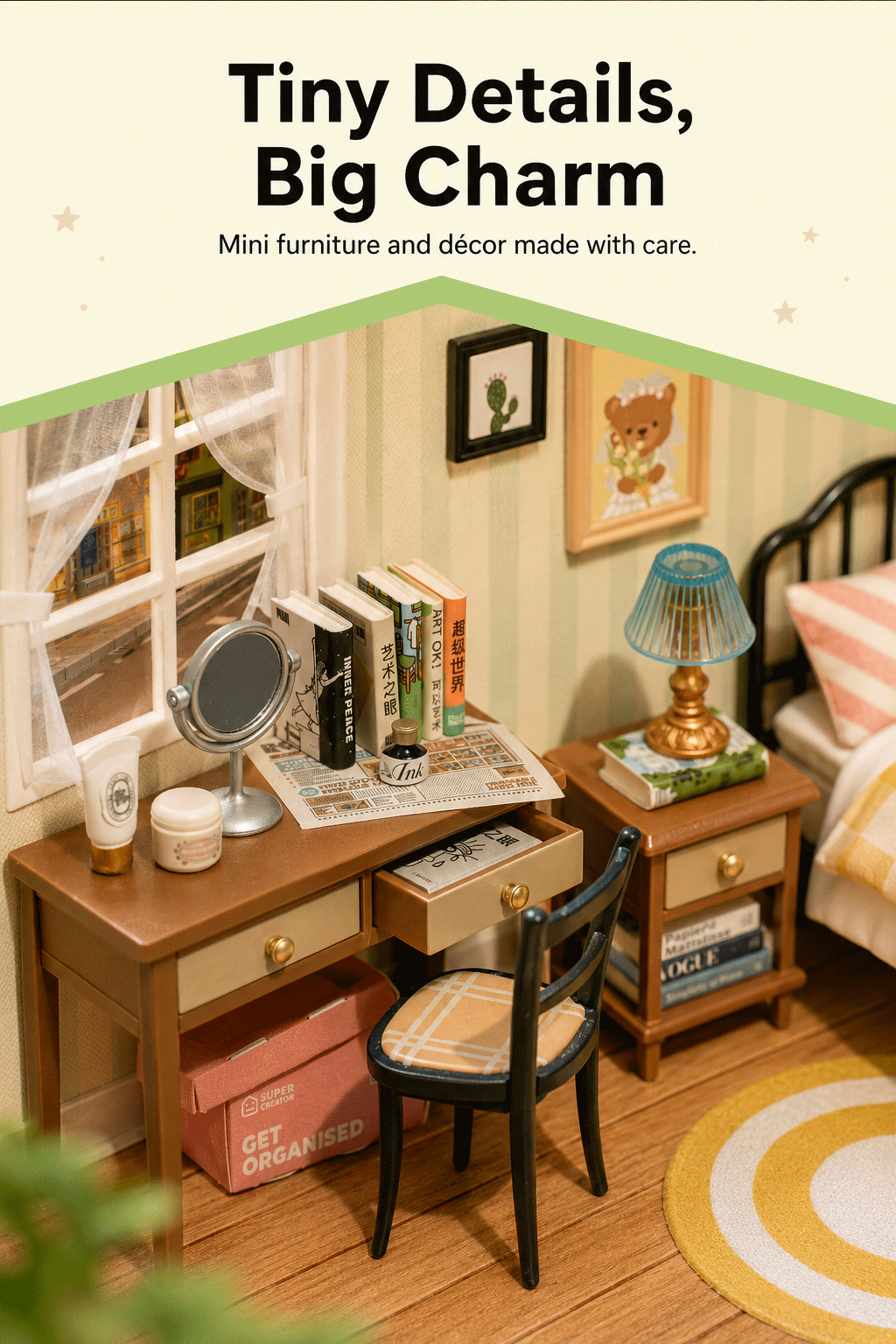 Rolife Sweet Dream Bedroom DW009 desk, books, mirror, and lamp detail close-up