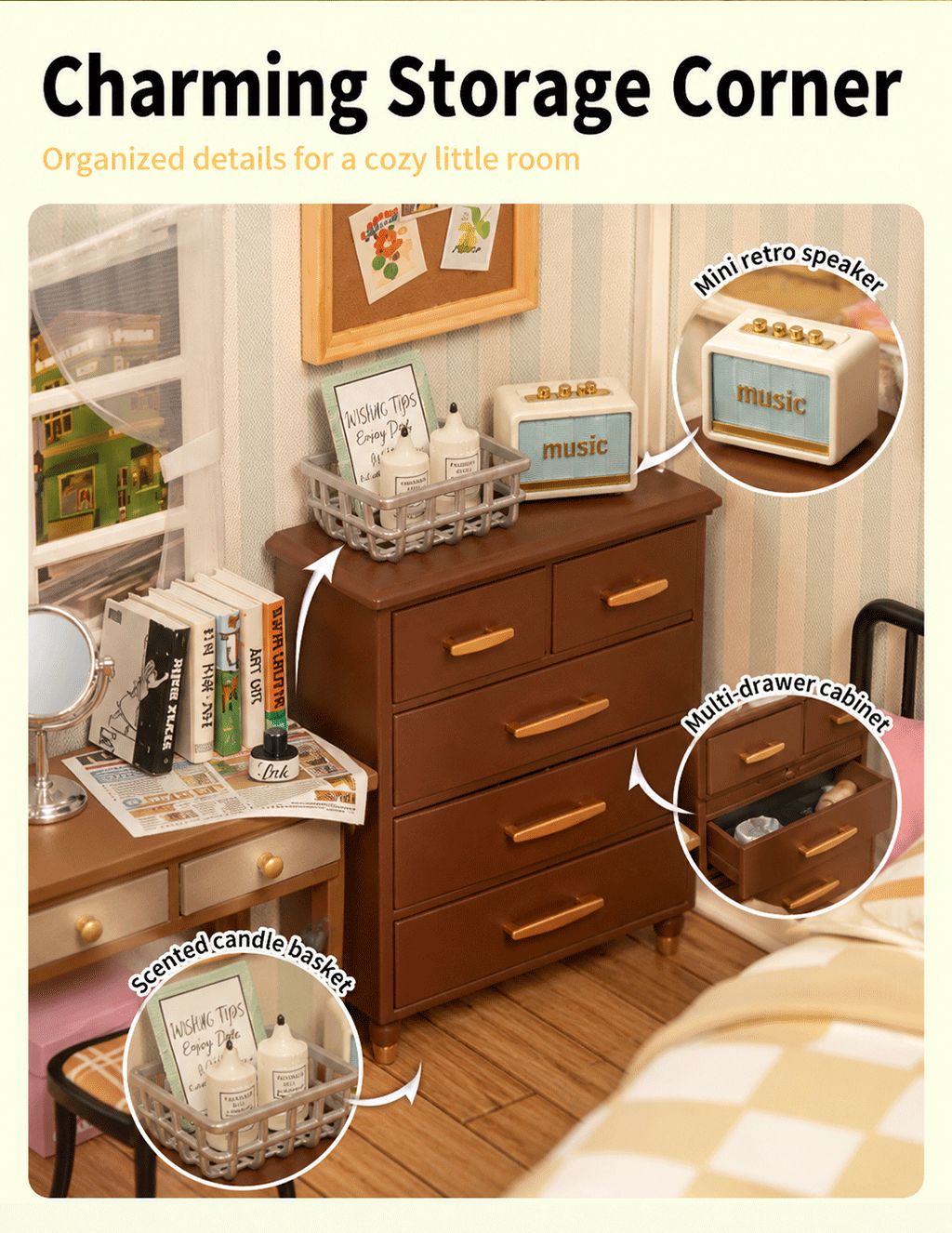 Rolife Sweet Dream Bedroom DW009 storage corner with dresser and laundry basket detail graphic