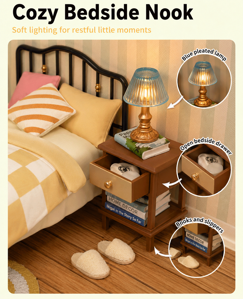 Rolife Sweet Dream Bedroom DW009 bedside nook with bed, lamp, and slippers detail close-up