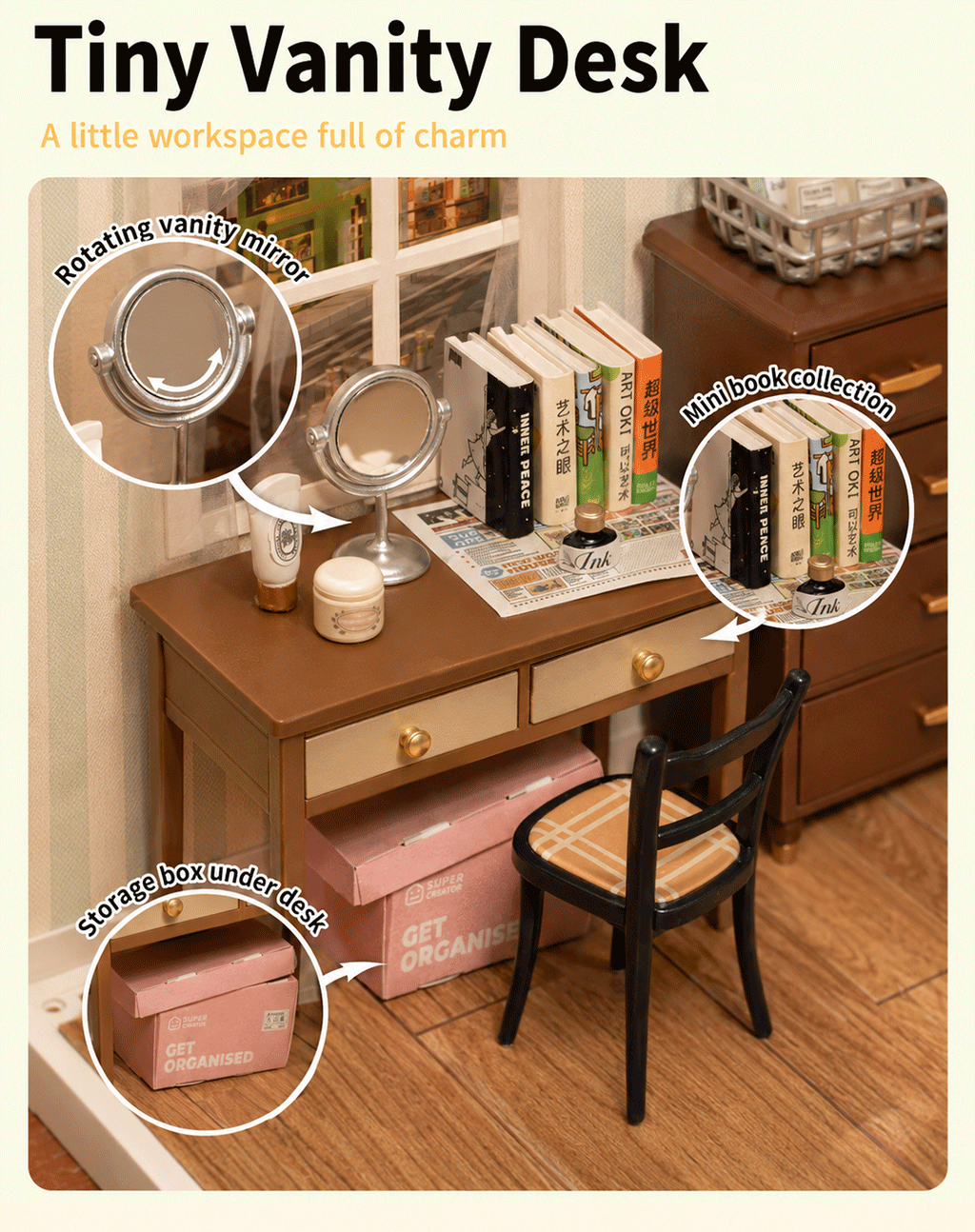 Rolife Sweet Dream Bedroom DW009 vanity desk close-up with mirror, books, and drawer storage