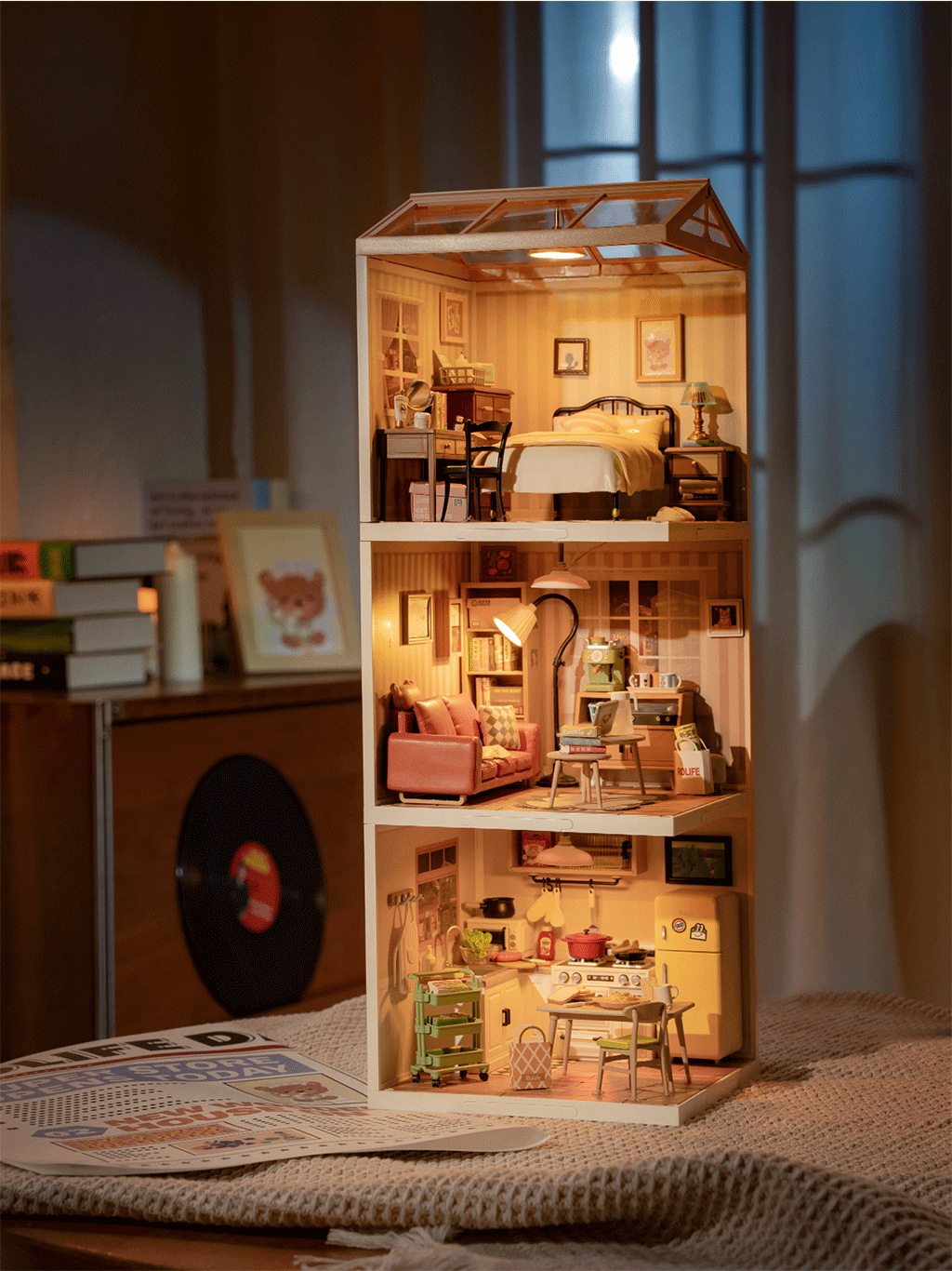 Rolife Sweet Dream Bedroom DW009 stacked display with other Super Creator miniature rooms