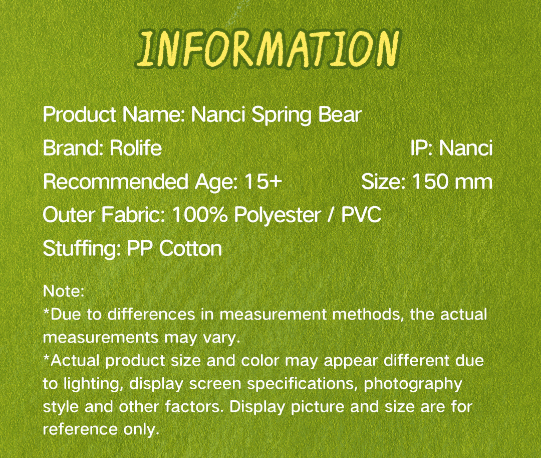 Rolife Nanci Spring Bear MN003 information panel with size, materials, and age recommendation.
