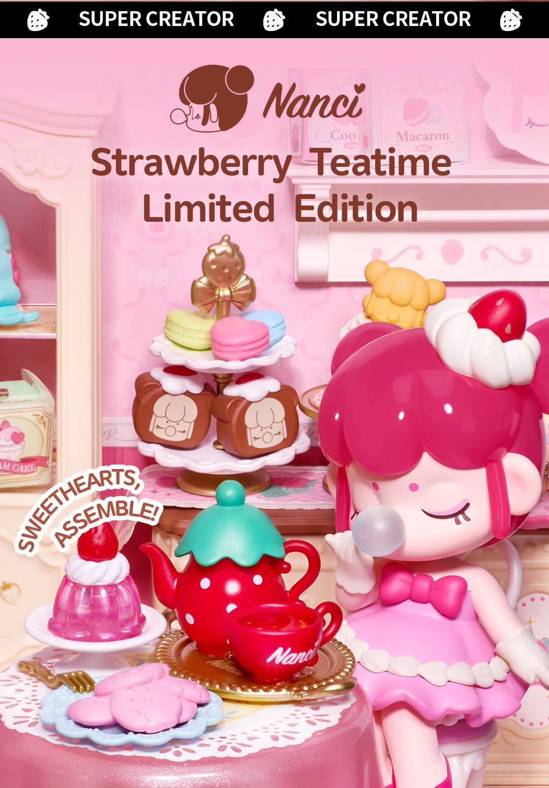 Rolife Nanci Strawberry Teatime Super Creator detail image showing Nanci Is Ready to Play: Nanci comes included, ready for a different tea party every time.