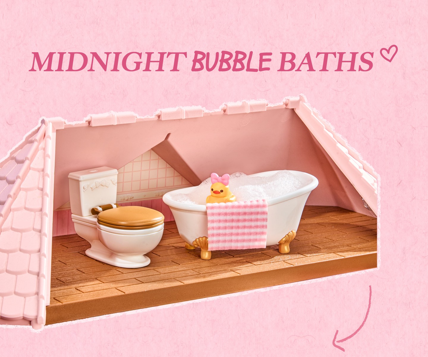 Fairy Rose Cottage bathroom detail with bathtub, toilet, and duck accessory