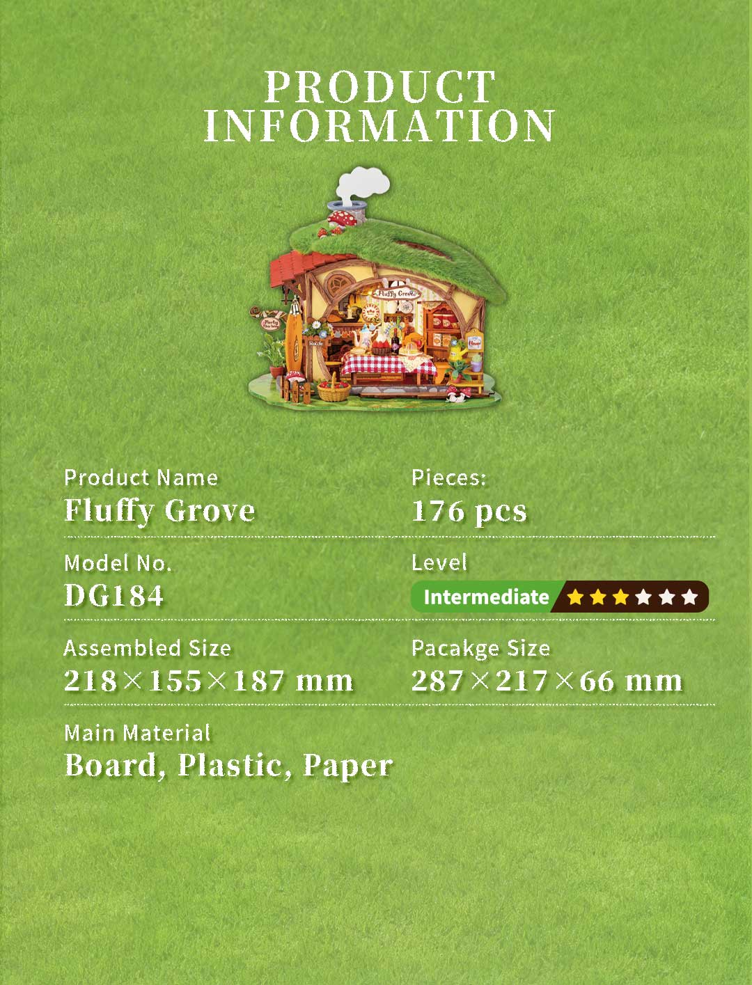 Fluffy Grove product information graphic listing DG184, 176 pieces, intermediate level, size, and materials