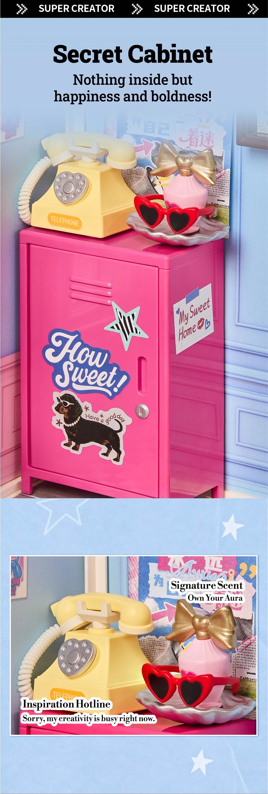 Pink miniature locker decorated with stickers, topped with a yellow toy telephone, pink perfume bottle with gold bow and red heart sunglasses.