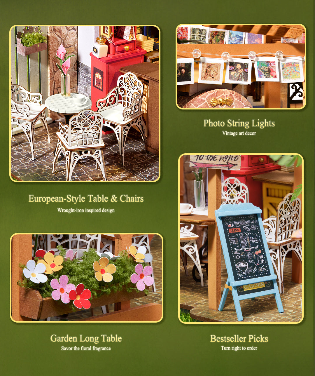 Leafree Café detail image showing Watch the Greenery Spread: Layered leaves and flowers climb across the walls and pergola.