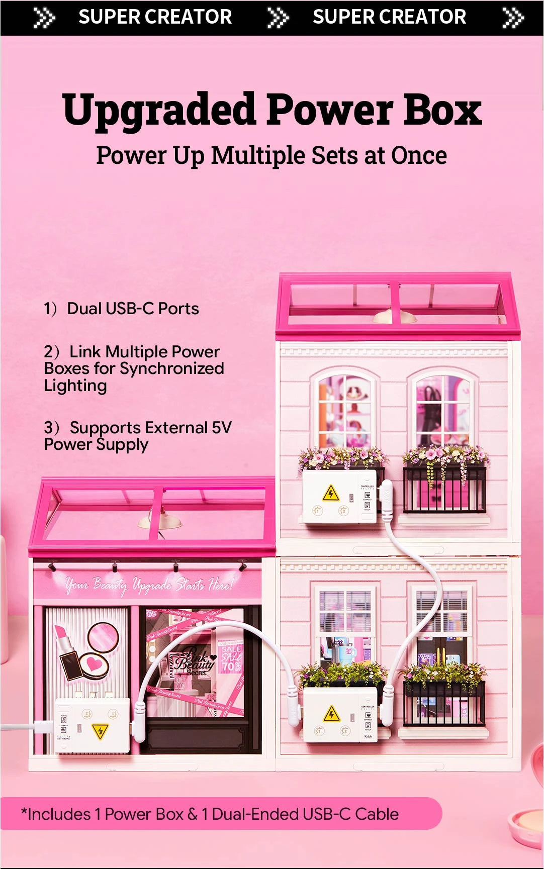 White power box with warning symbol connected by white cable to two pink miniature house facades with flower boxes, labelled dual USB-C ports and 5V supply.
